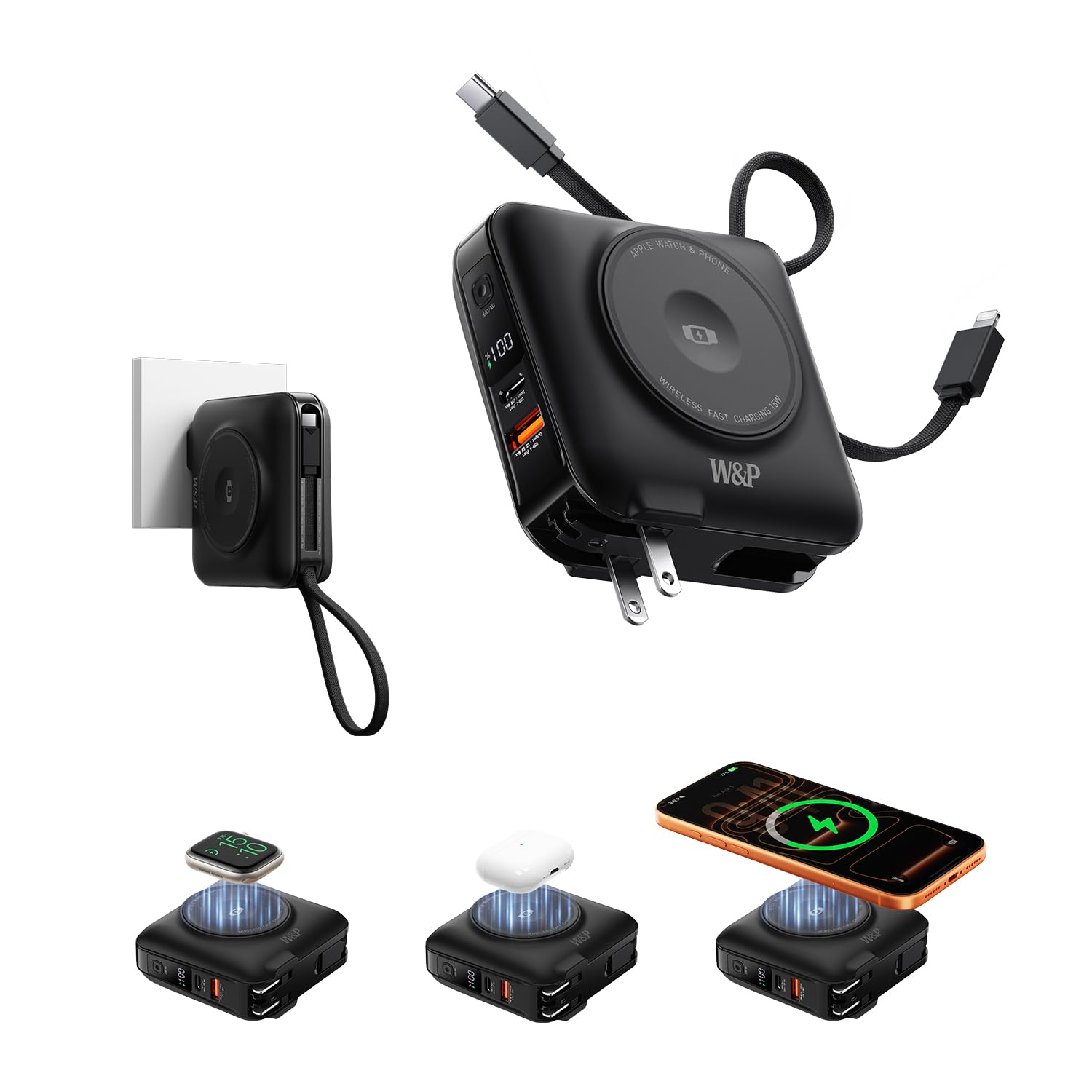 W&P 45W Fast Charging Magnetic Portable Charger with 2 Cables&AC Wall Plug | 15000mAh, Wireless charging...