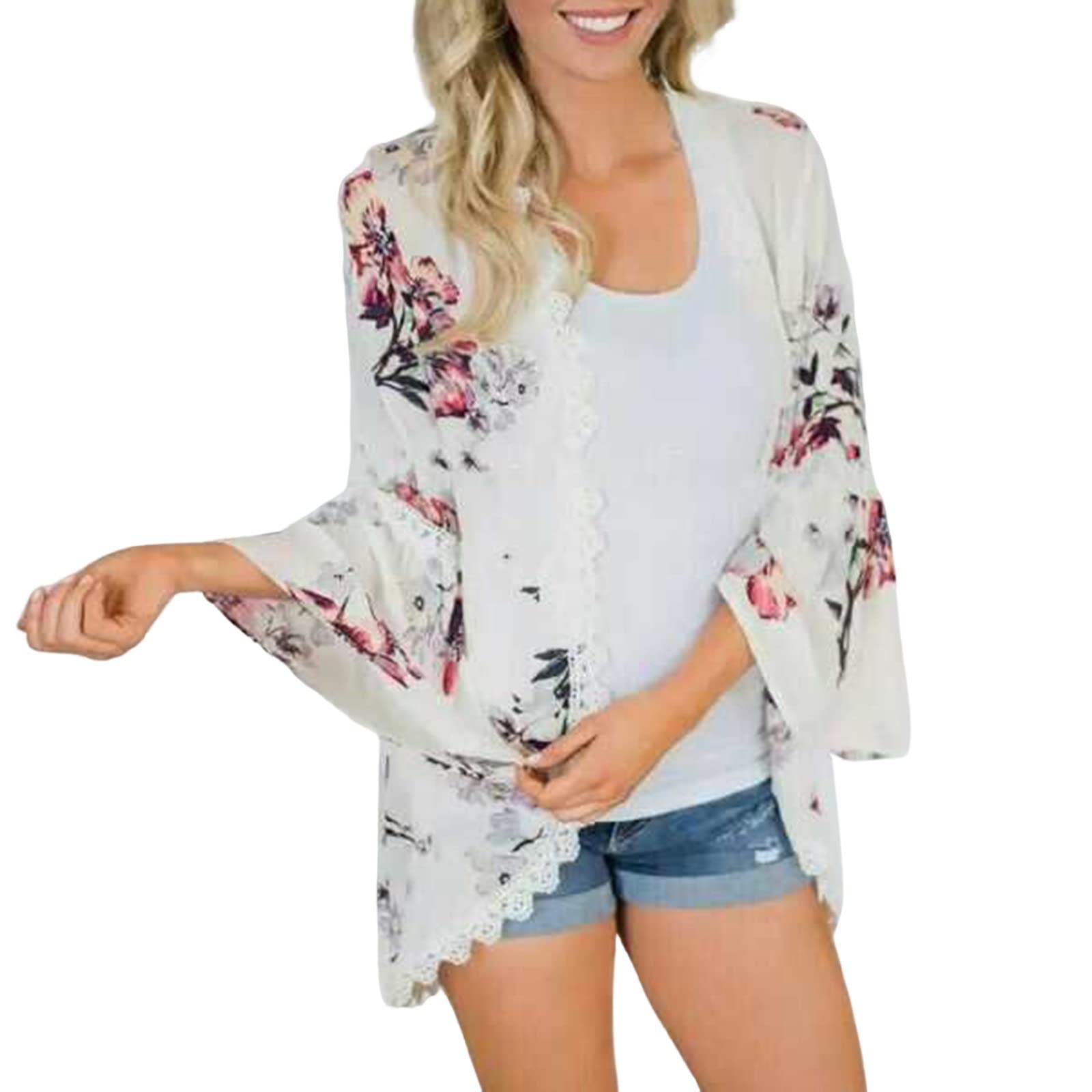 LZPCarra Cárdigan de playa corto para mujer, chifón, kimono, ropa de dormir sexy, estampado, kimono cárdigan de verano, bikini, blusa, cárdigan de playa, cárdigan de gasa, ropa de playa, camisa de playa