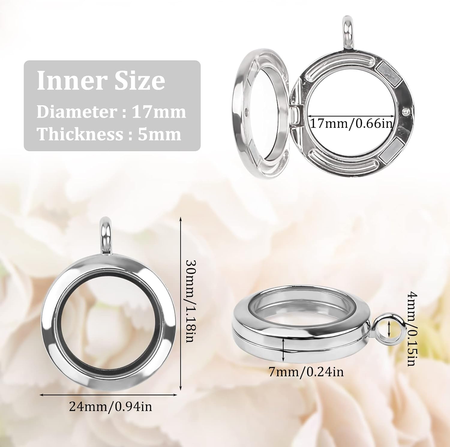 WANDIC Glossy Photo Charms, 4Pcs Silver Round Memory Locket Pendant Bridal Wedding Bouquet Charms for Photo or Decoration, 25mm - Image 2