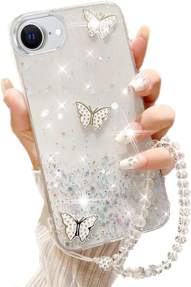 for iPhone 16e (2025) Bling Case with Lanyard, Shockproof Cute 3D Butterfly Glitter Soft TPU Woman Girly Sparkle Shiny Phone Cover with Crystal Wrist Strap for (Clear)