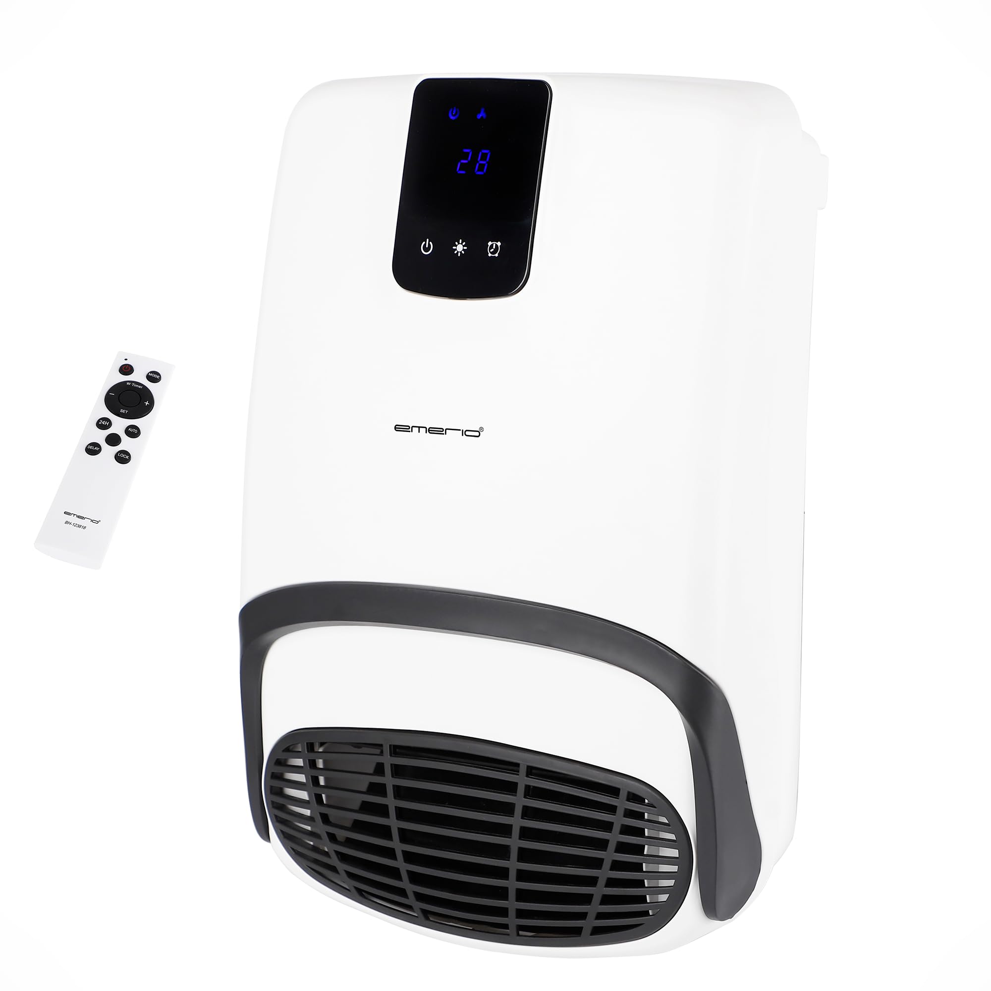 EMERIO Termoventilatore da bagno, per ambienti fino a 20 m², 2000 W, IP23, 2 livelli di riscaldamento, termostato regolabile, timer 24 ore, 1 porta asciugamani, montaggio a parete, funzione