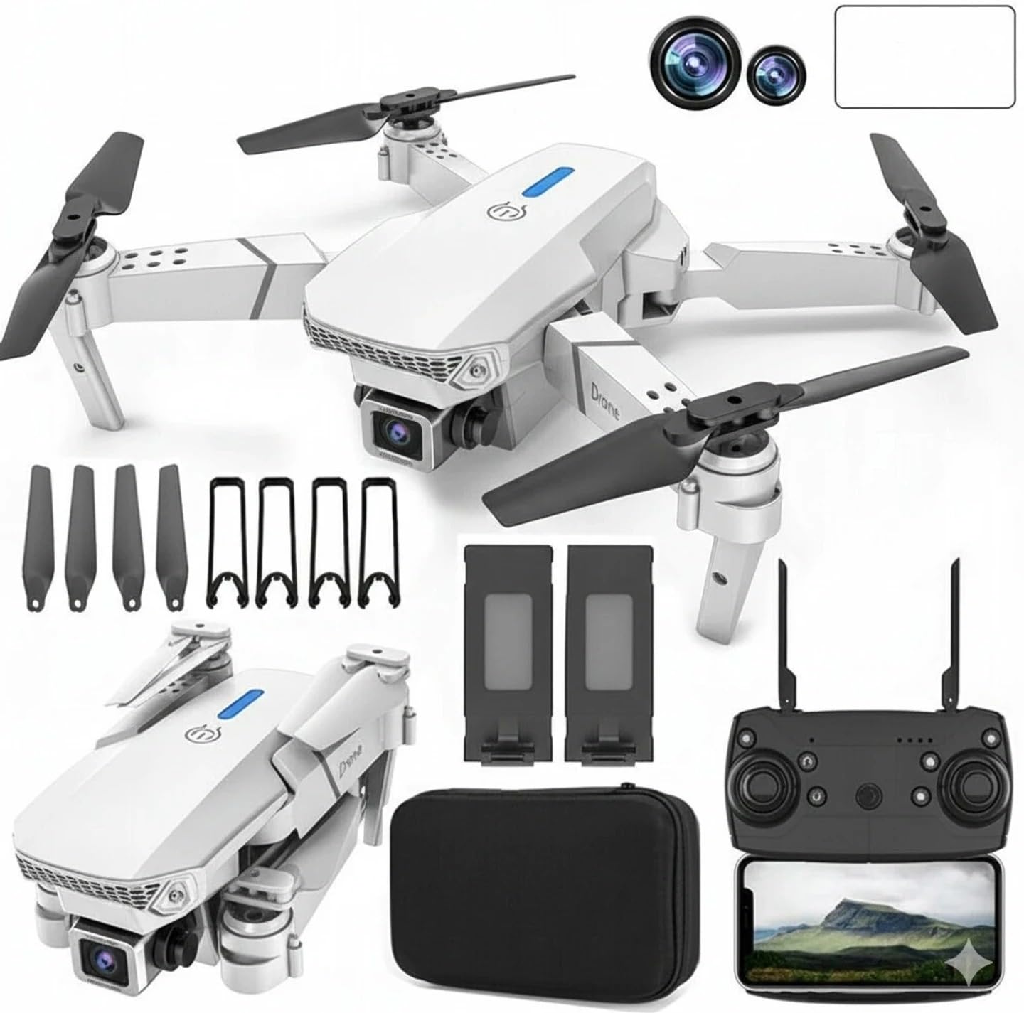 Foldable Mini Drone with 4K HD Dual Camera, White,Drone | 360° Flip Mode, Stable Hover Function, 2 Batteries Included, Carry Bag Included, 120° Wide Angle Lens-image-8