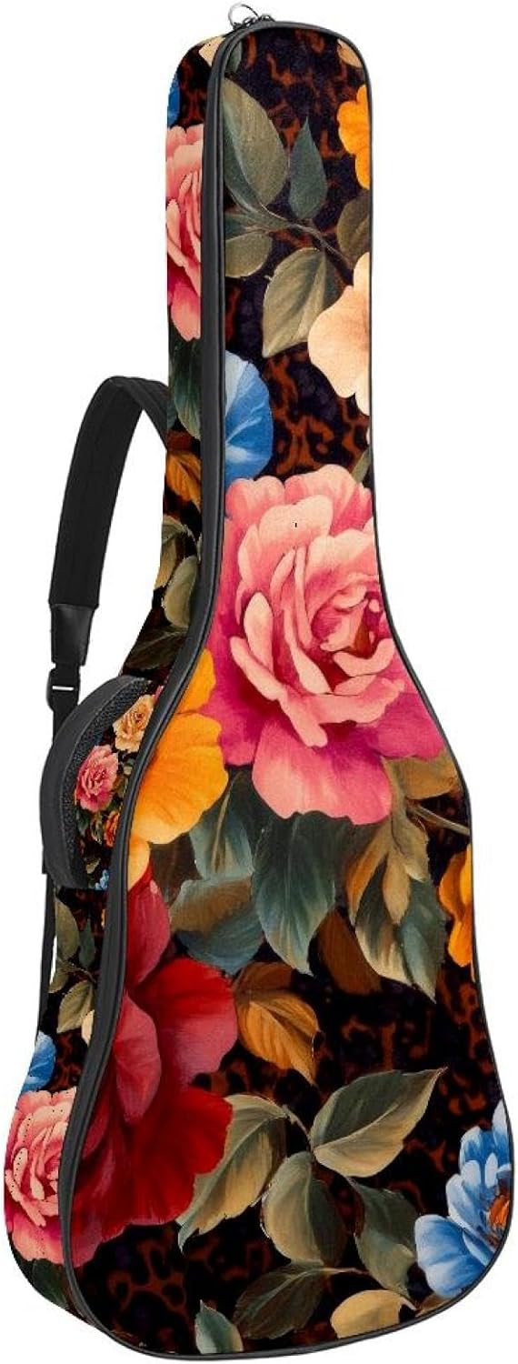 Colorful Roses and Flowers Acoustic Guitar Gig Bag, 1 cm Thick Padding Waterproof Guitar Bag Backpack for 40 41 42 Inch Electric Bass Classical Guitars
