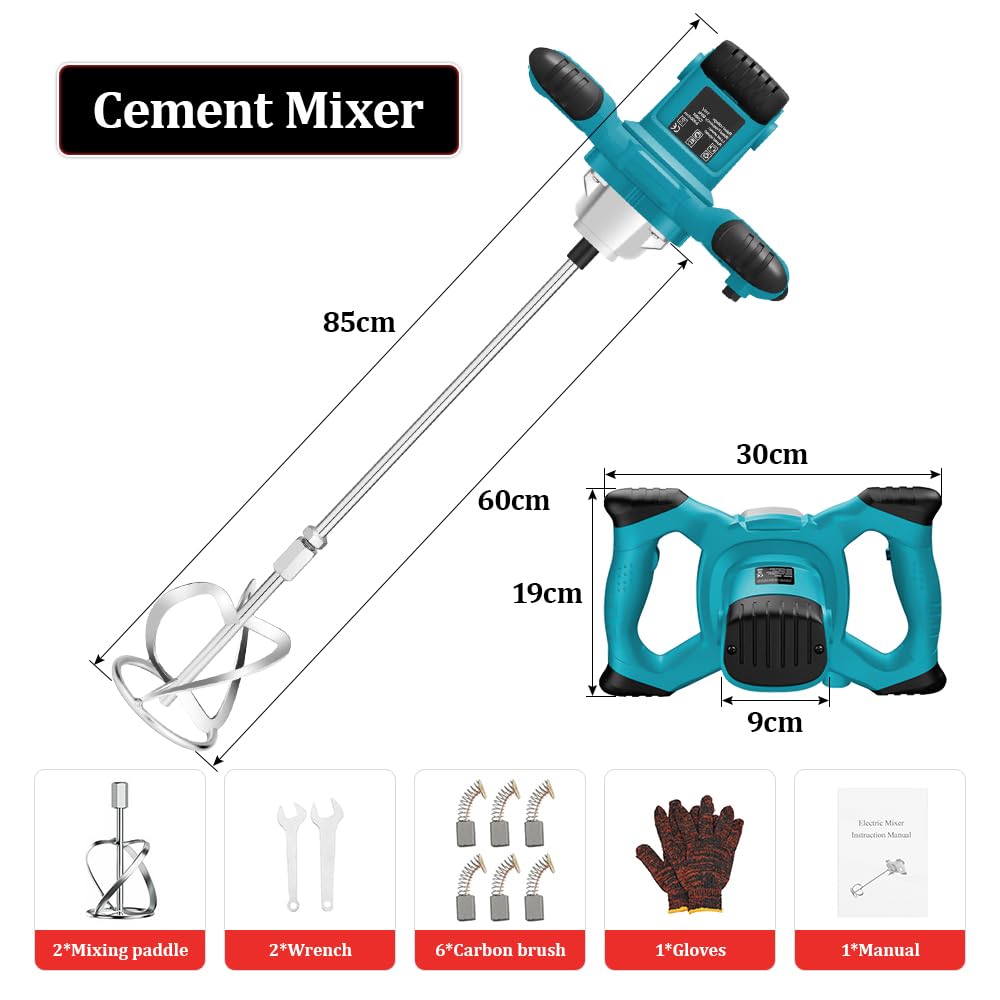 Miscelatore elettrico 2100 W, Betoniera Elettrica per Trapano 6 velocità incl. 2 frusta malta per Miscelazione di Vernice, Liquame di Cemento, Calcestruzzo, Malta, Foraggio (Blu)