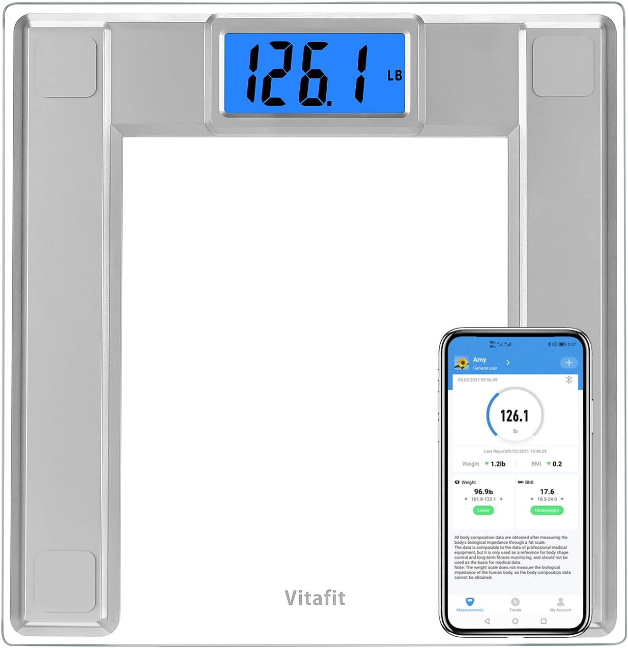 Vitafit 550lb Digital Bathroom Scale Body Weight and BMI Via Smart APP, High Accuracy Assured by Weighing Professional Since 2001, 8mm Tempered Glass, Extra Large Blue Backlit LCD, Silver