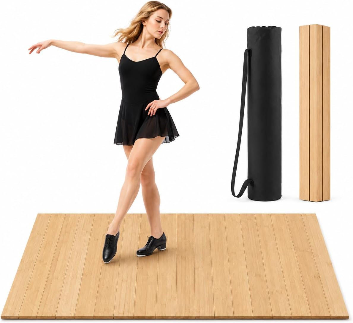 Pista de baile plegable: tablero de grifo portátil de bambú de primera calidad con respaldo antideslizante y bolsa de transporte resistente, tapete de baile grande para estudio en casa, calle, práctica al aire libre