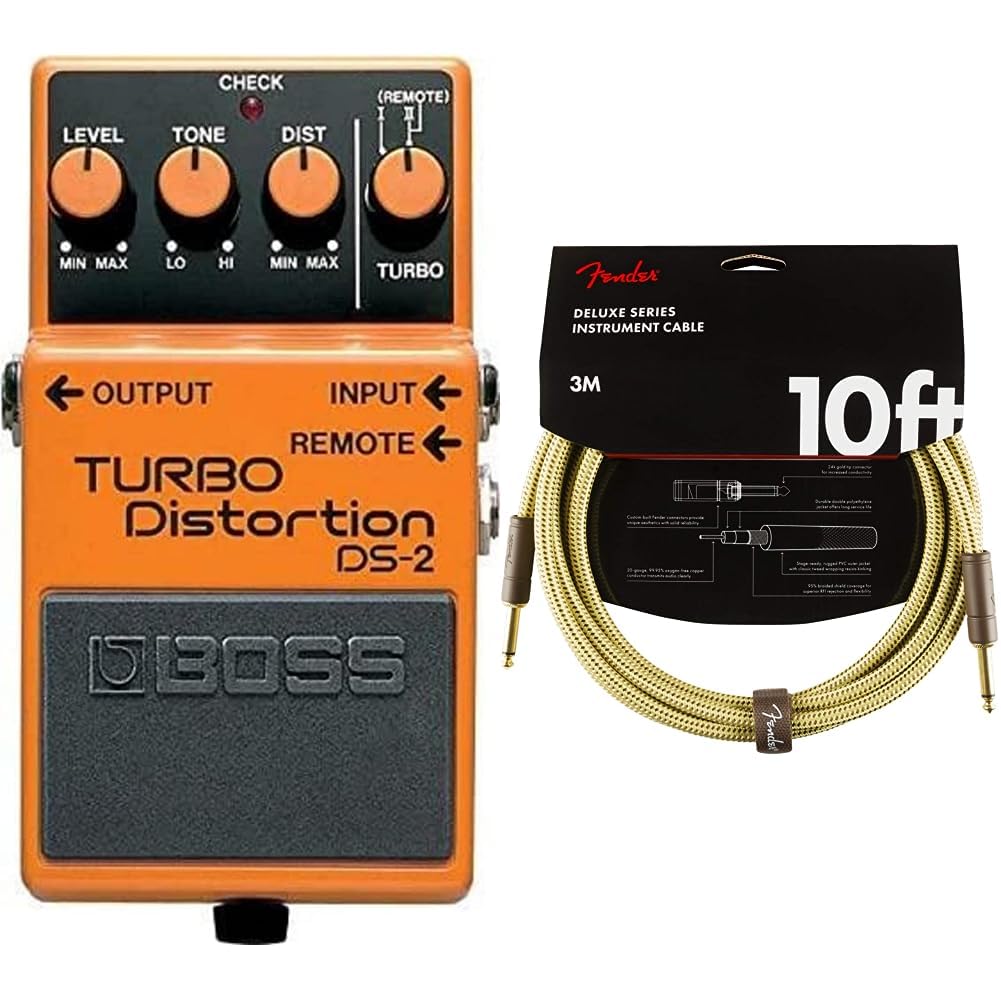 Pédale Turbo Distortion DS-2 BOSS, des sons de distorsion classiques avec modes Turbo supplémentaires & Fender câble pour instrument Deluxe Series tweed - 3 mètres - droit/coudé