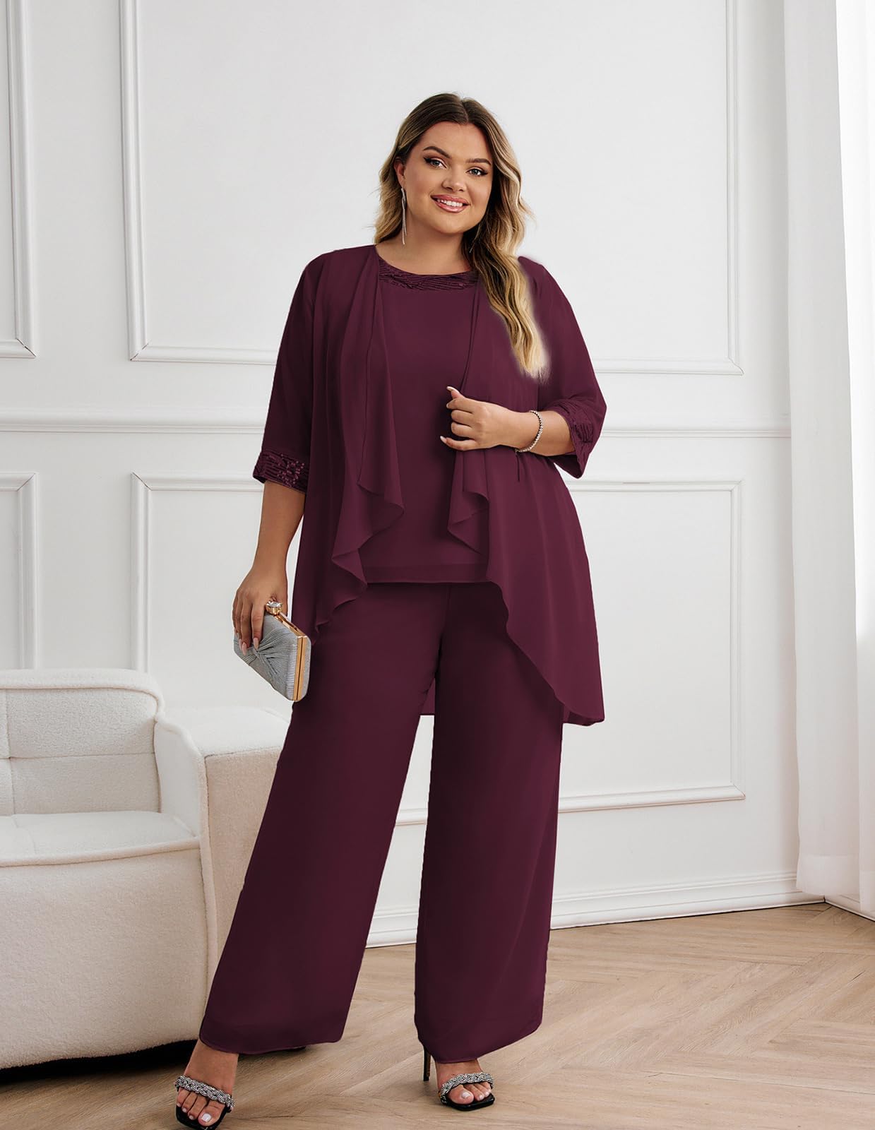 Hanna Nikole Conjunto de 3 piezas de chifón para madre de la novia, vestidos formales para invitados de boda, con chaqueta