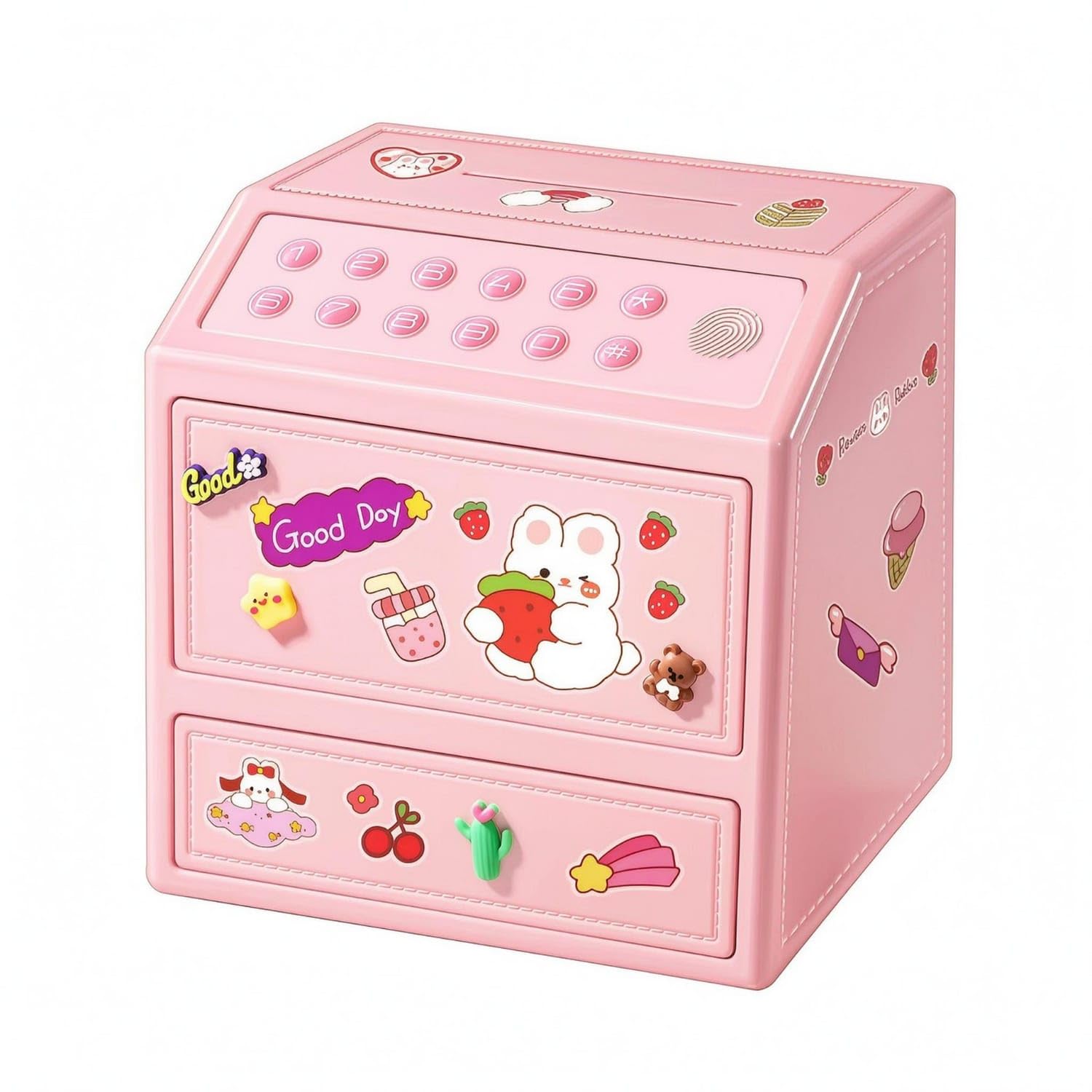 Pull-Out Drawers Double-Layer Currency Box Cartoon Stickers Children's Piggy Bank Rechargeable Biometric Currency Box Two Keys for Children, Pink-image-37