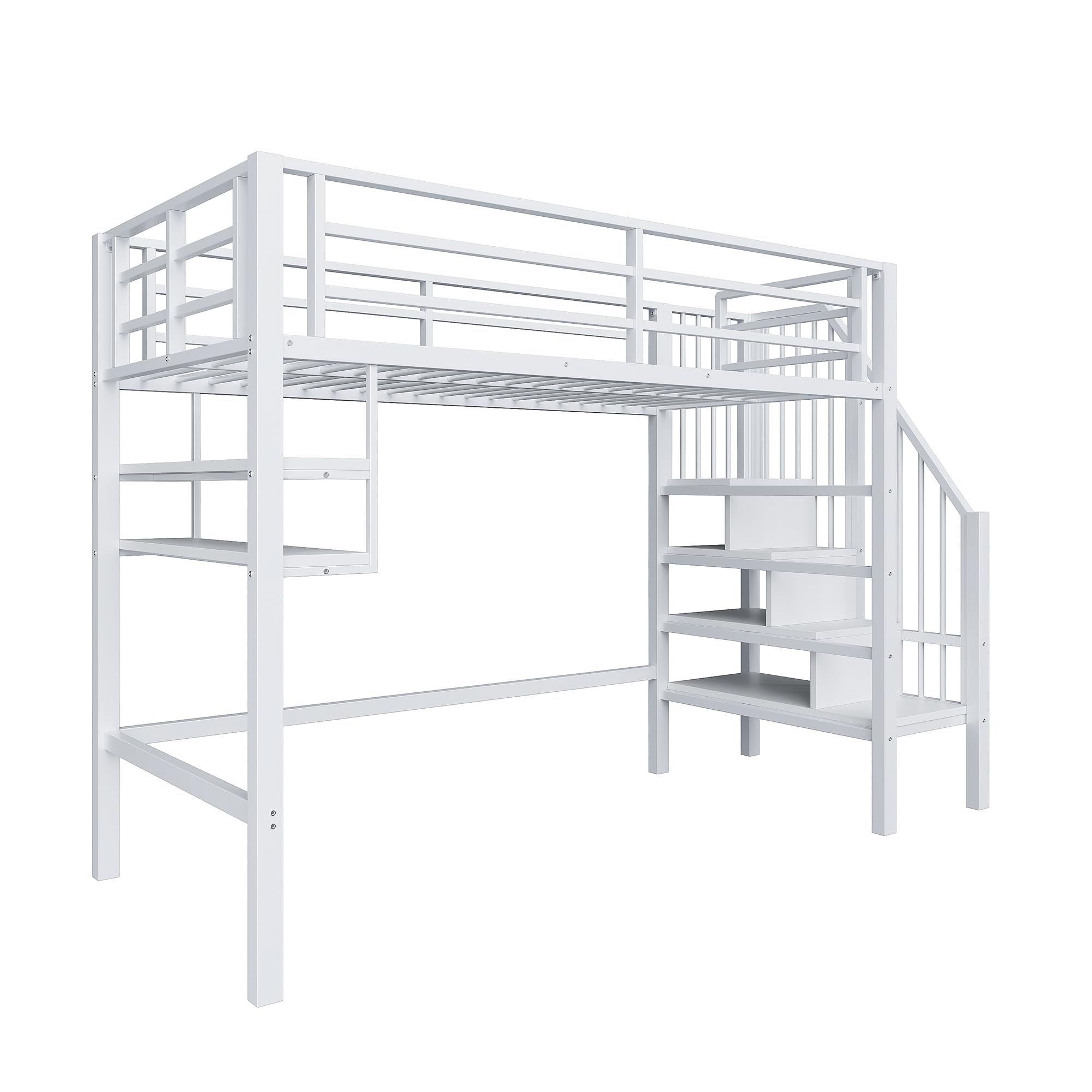 Moimhear Cama alta, 90 x 200 cm, cama de hierro, estantes, escalera de almacenamiento, espacio libre debajo de la cama para disfrazarse, barandilla, sin colchón (blanco)