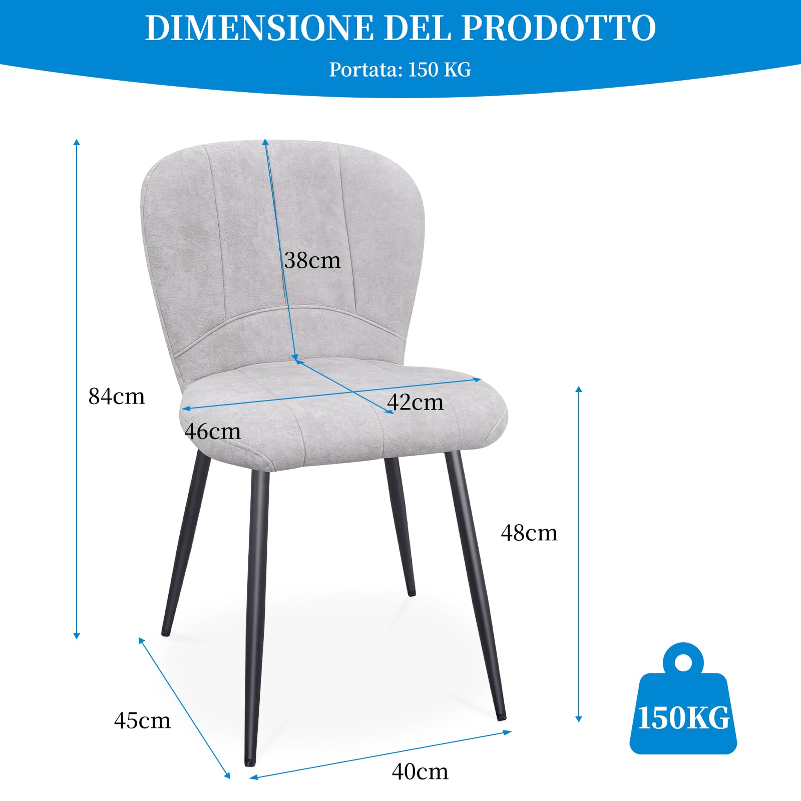Set di 6 Sedie Sala da Pranzo, Sedie da Cucina, Sedia Imbottita, Schienale in Tessuto con Gambe in Metallo Nero per Sala da Pranzo, Cucina, Grigio Pallido.