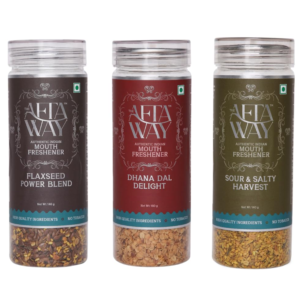 The AftaWay No Sugar Combo - Sour & Salty Harvest, Flaxseed Power Blend, Dhana Dal Delight, Natural Mouthfreshener, No Tobacco, No Artificial Preservatives, No Sugar, Healthy Snacking Indian Mukhwas