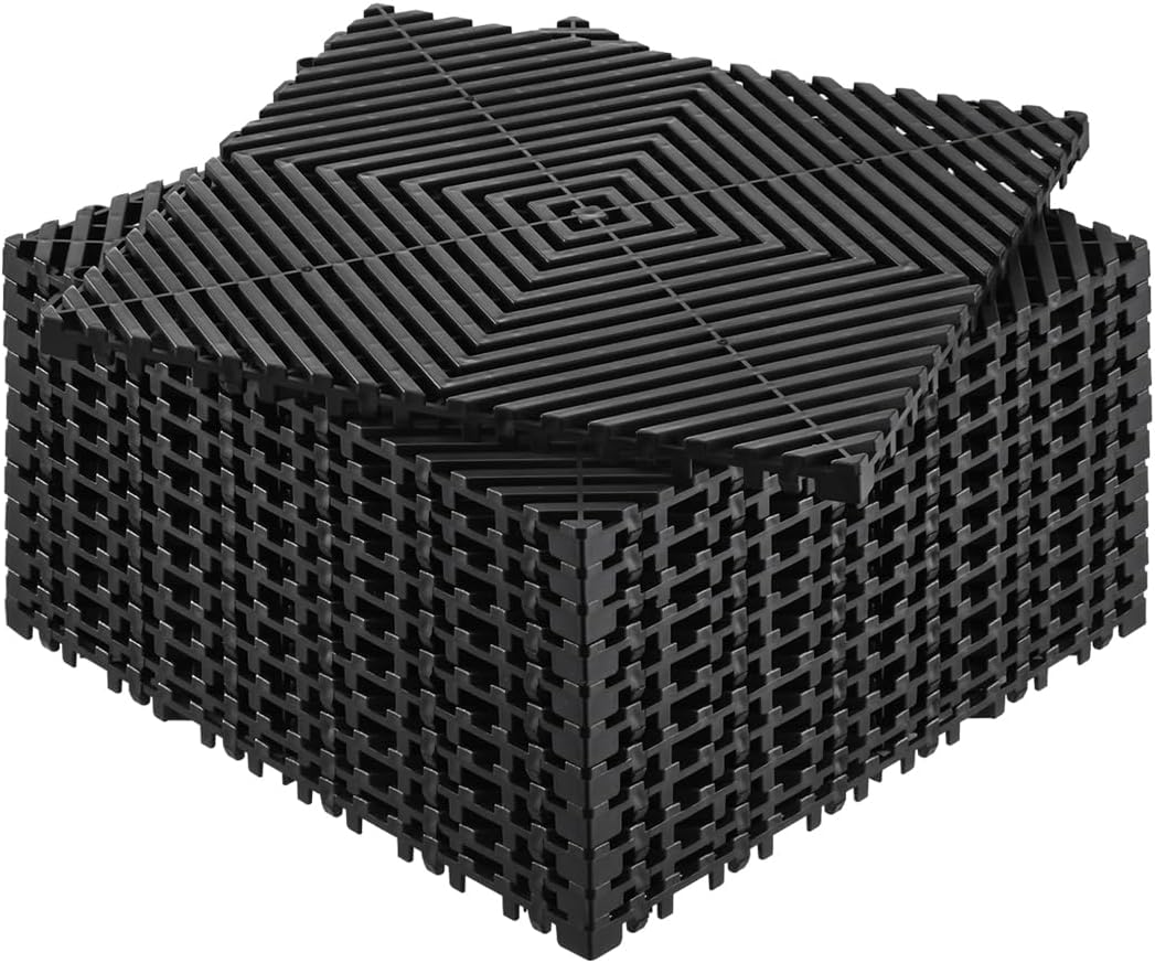 VEVOR Interlocking Drainage Mat, 12” x 12” Modular Interlocking Cushion, 12 Pcs Splicing Drainage Mats, Non-Slip Black PP Drainage Floor Tile and Shower Mat, for Garage, Garden, Kitchen & Outdoor Black 12 PCS