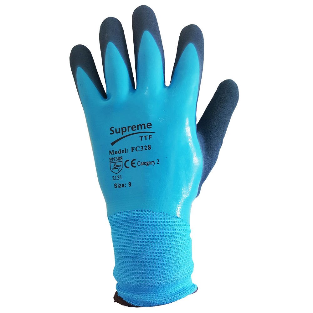 10 PAIRS X B2C Blue Aqua Fully Latex Coated Waterproof Wet Breathable Nylon Grip Work Gloves (Extra Large)