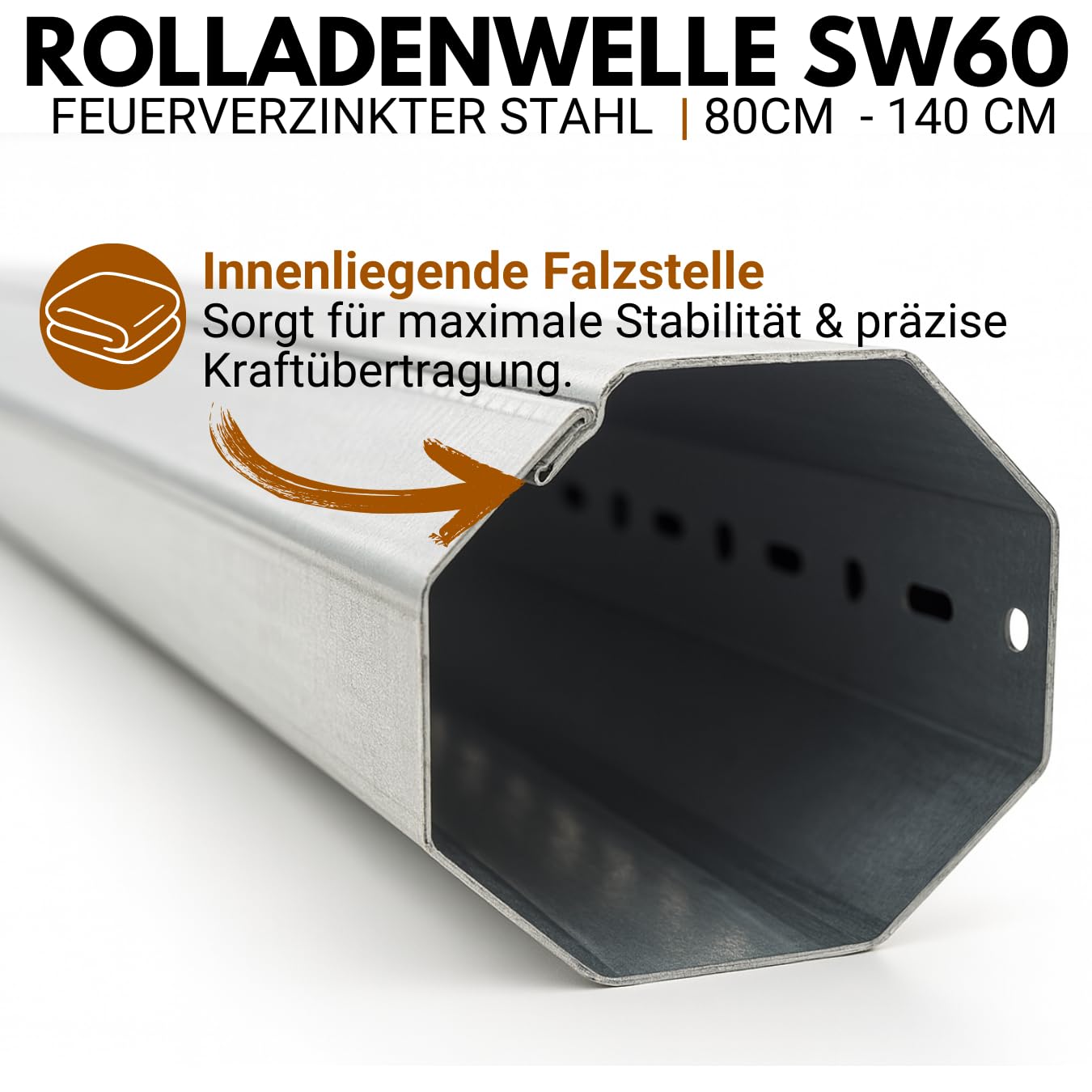 Rolladenwelle SW60 Komplettset Stahlwelle für Rollladen, Achtkantwelle mit Ø 60mm Durchmesser | Fixmaße 120 cm - Umrüstset für Einbau Rolladenmotor