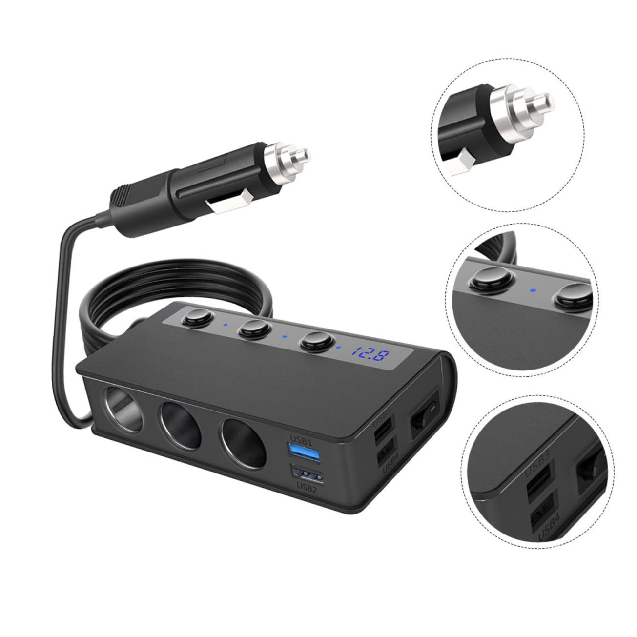 HOMSFOU Adaptador de Cargador para Coche 180w, Divisor de Mechero 4 Puertos USB, Interruptor Independiente y Indicador de Voltaje para Coche