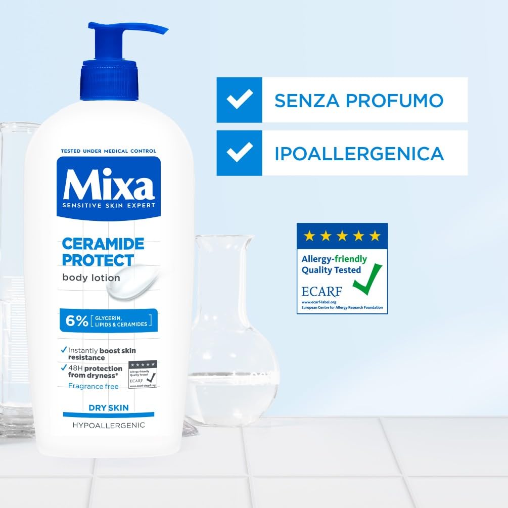 Mixa Lozione Corpo Idratante Rinforzante, Per Pelli Sensibili e Molto Secche, Pelle Protetta da Secchezza per 48H, Con il 6% di Ceramidi, Glicerina e Lipidi, Ceramide Protect, Formato Grande, 400 ml