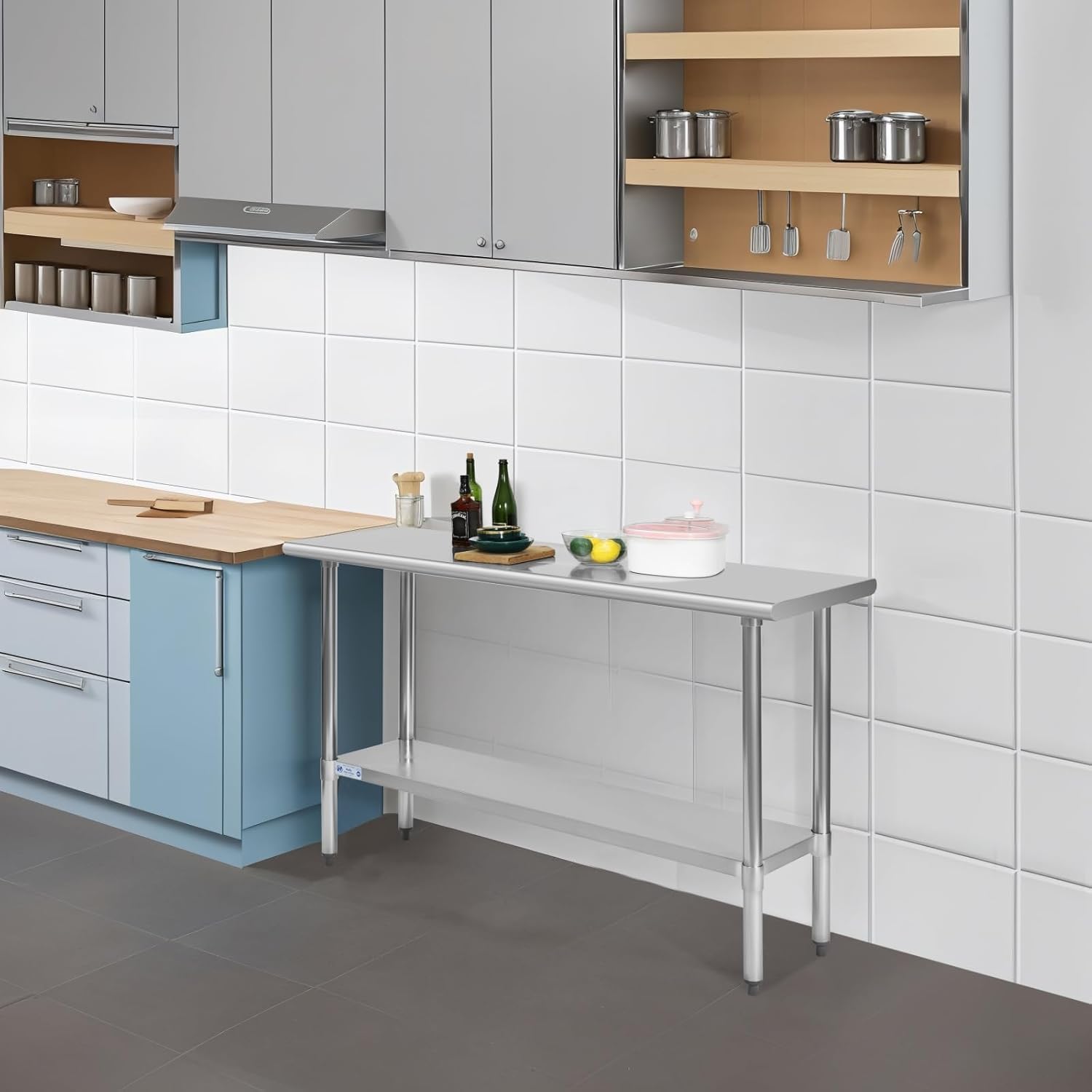 Hally Stainless Steel Table for Prep & Work 14 x 72 Inches, NSF Commercial Heavy Duty Table with Undershelf and Galvanized Legs for Restaurant, Home and Hotel