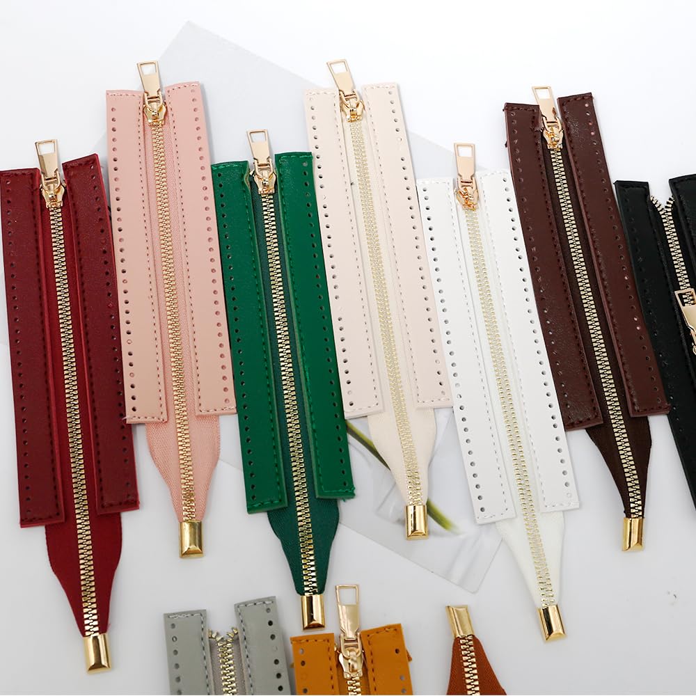 Sixfolo 10 Piezas Cremalleras para Bolsos de Crochet 18 cm,10 Colores | Cremallera de PU Cuero para Bolso,Marco Cremallera Costura con Agujeros para DIY Bolsas Hechas a Mano