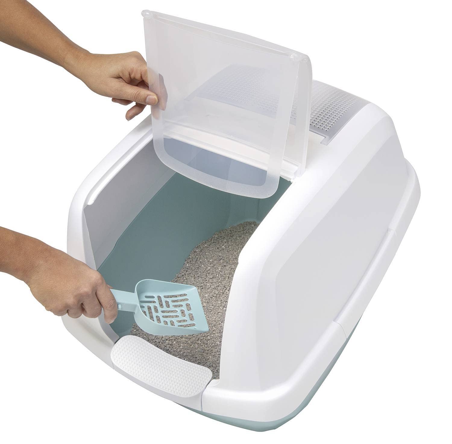 Litière pour chat avec porte battante debout Blanc/gris