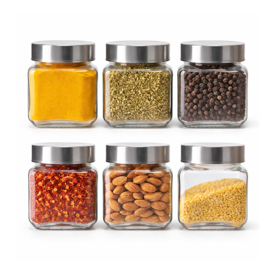 CROCO JAR Square Glass Storage Containers 310ml | Transparent Airtight Kitchen Jars with Steel Lid | Cubical Glass Jars for Pantry, Snacks, Dry Fruits, Masala, Pickle & Coffee Beans | Pack of 6-picture-13