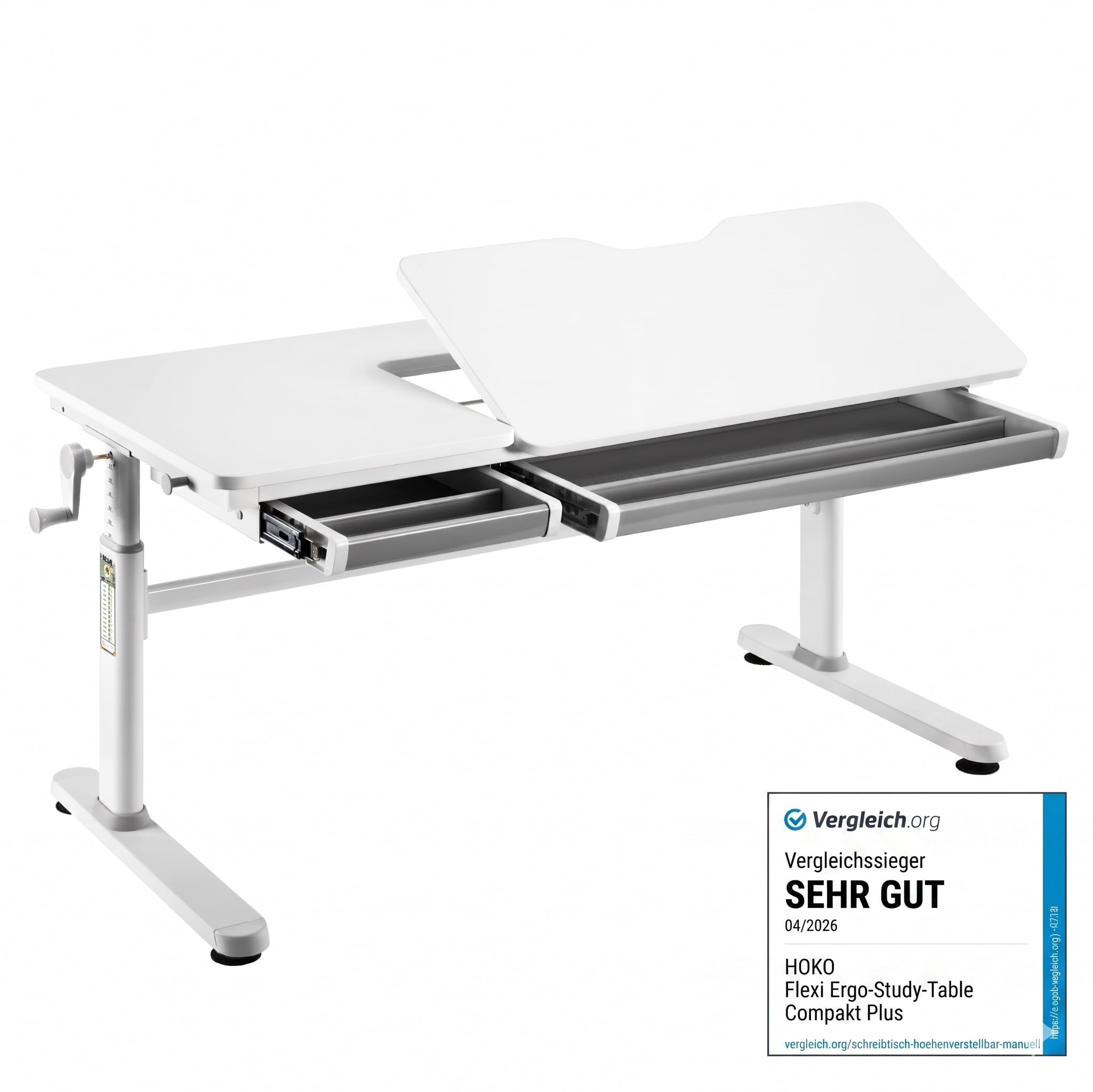 HOKO Kinderschreibtisch höhenverstellbar, Schreibtisch Kinder 120x60 cm | Kinderschreibtische mit 80x40 cm neigbare Tischplatte & Schubladen, Jugendschreibtisch für Kinder ab 6 Jahren, Weiß, ELIN