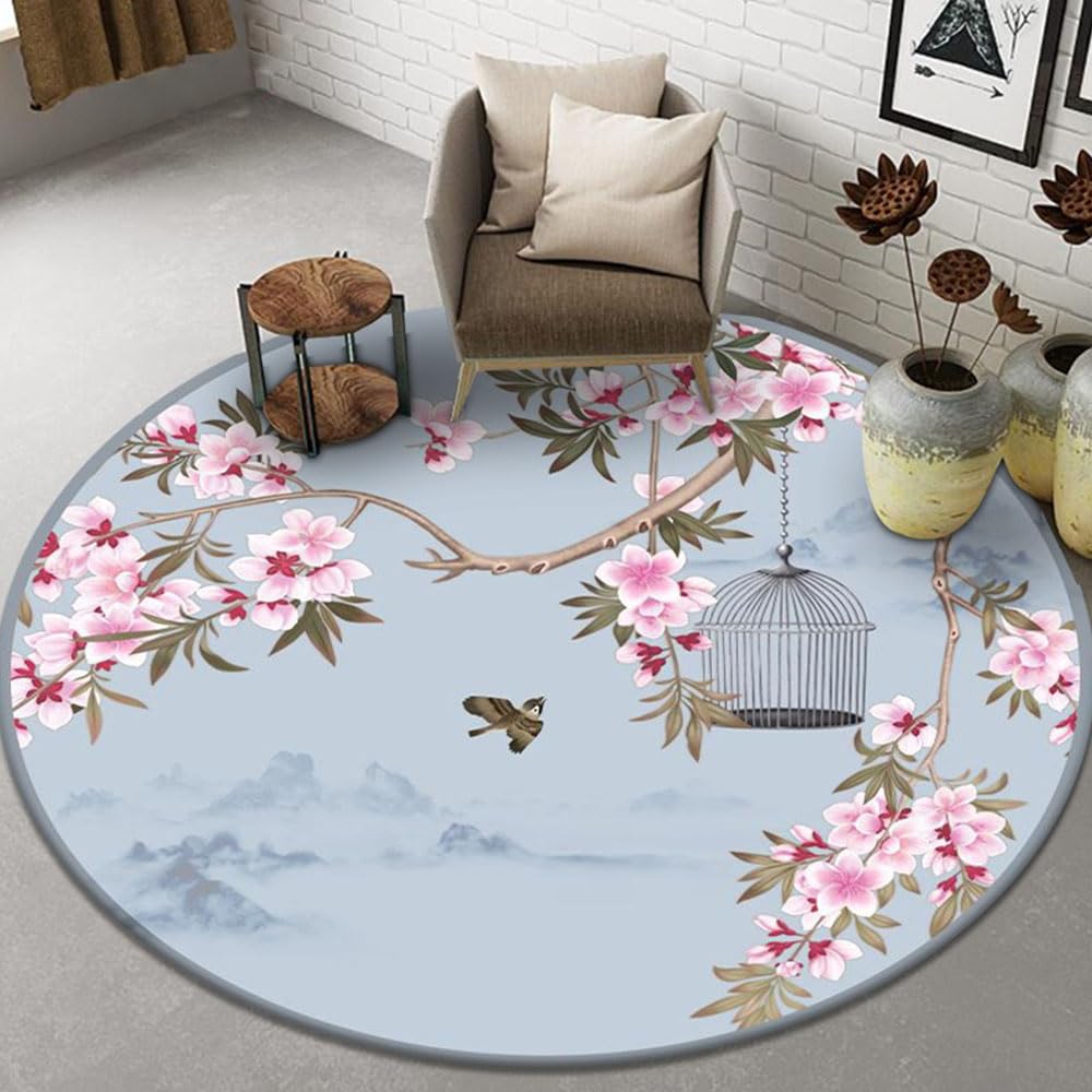Hearda Alfombra Redonda de Pelo Corto, Alfombras Redondas Lavable Estilo Chino, Antideslizante Alfombra Salon Redondas para Cocina Habitacion Oficina (120cm,Flor Rosa)