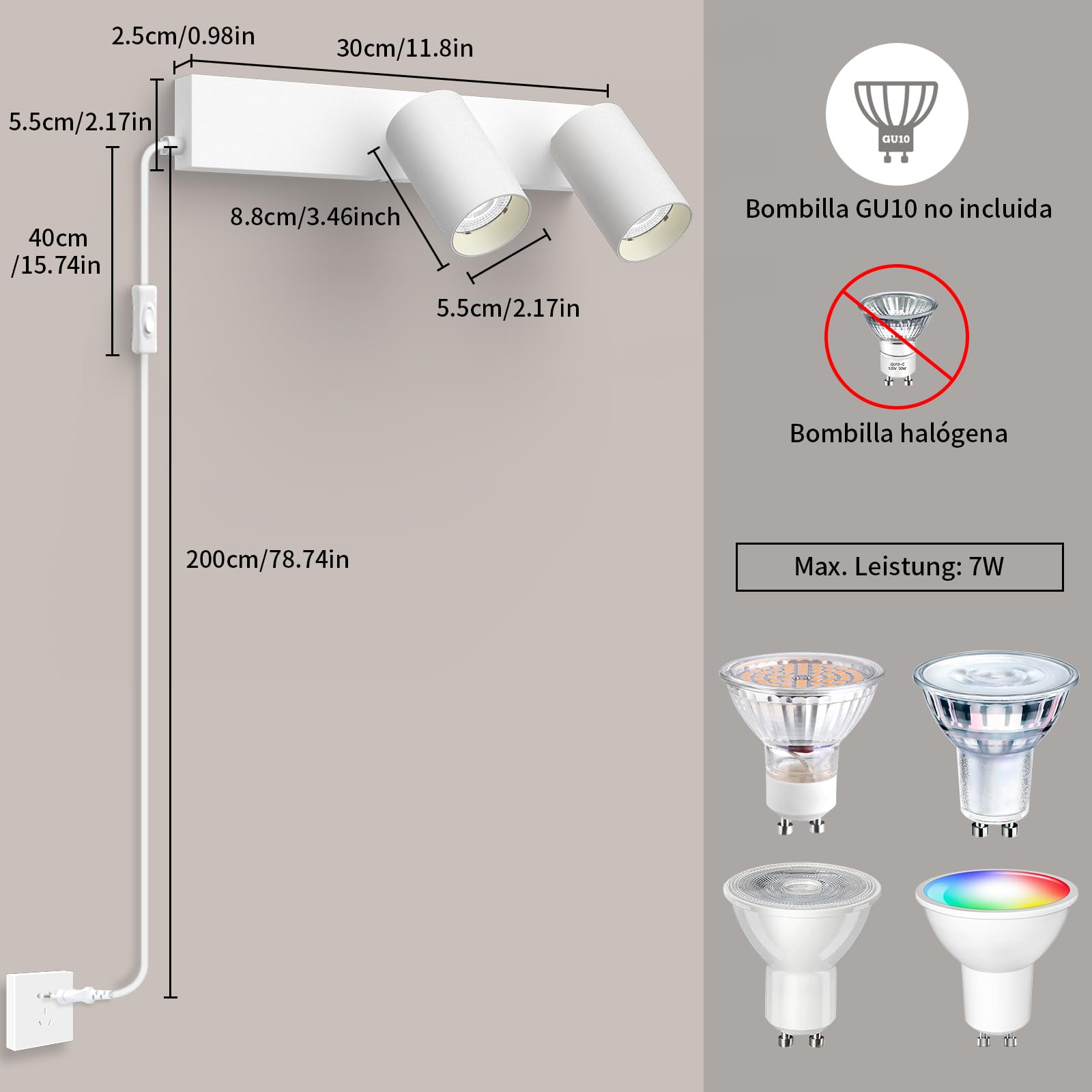 Aplique Pared con Enchufe y Interruptor 2 Focos Blanco GU10 - Lampara de Pared con Cable Moderno Giratorio 350° - Apliques Pared Dormitorio Salón Pasillo - Sin Bombillas