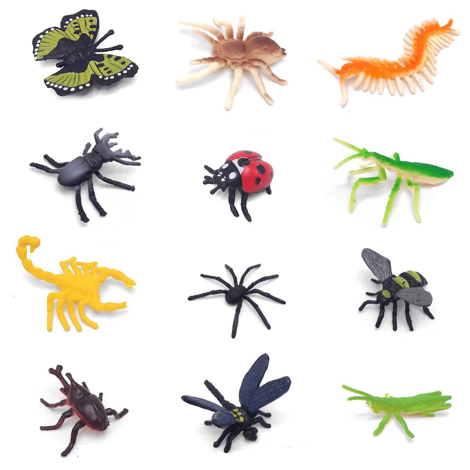 Mini Insect Figures Set 12 Pcs Buttrfly Bug Ladybug Spider Dragonfly Plastic Rubbery Educational Action Playset for Children Science Play Best for Birthday Party Favors (Insect Figures Set)