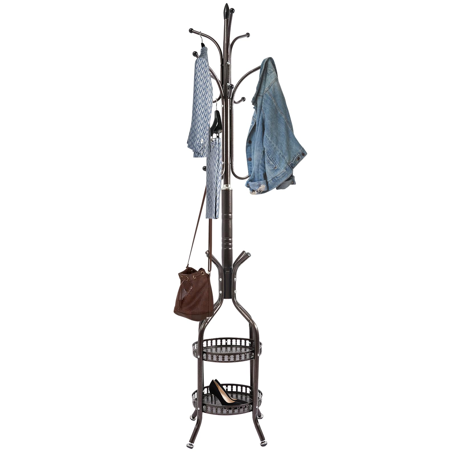 Metal Coat Rack Stand Freestanding Hat Hall Tree Clothes Rack Holder Modern Clothing Garment Hanger Stand with Double Layer Storage Basket and Hooks for Hanging Scarf Bag for Entryway Bedroom (Bronze)
