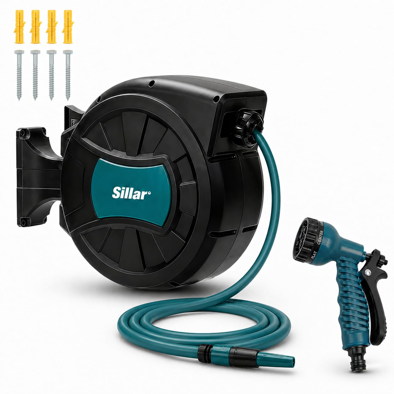 Sillar Avvolgitubo da Giardino 30 Metri da Parete, Avvolgitubo Acqua Automatico con Tubo da Giardino 1/2 Pollice, Rotazione 180°, Pistola Irrigazione 7 Funzioni, Lancia e Kit di Montaggio Inclusi