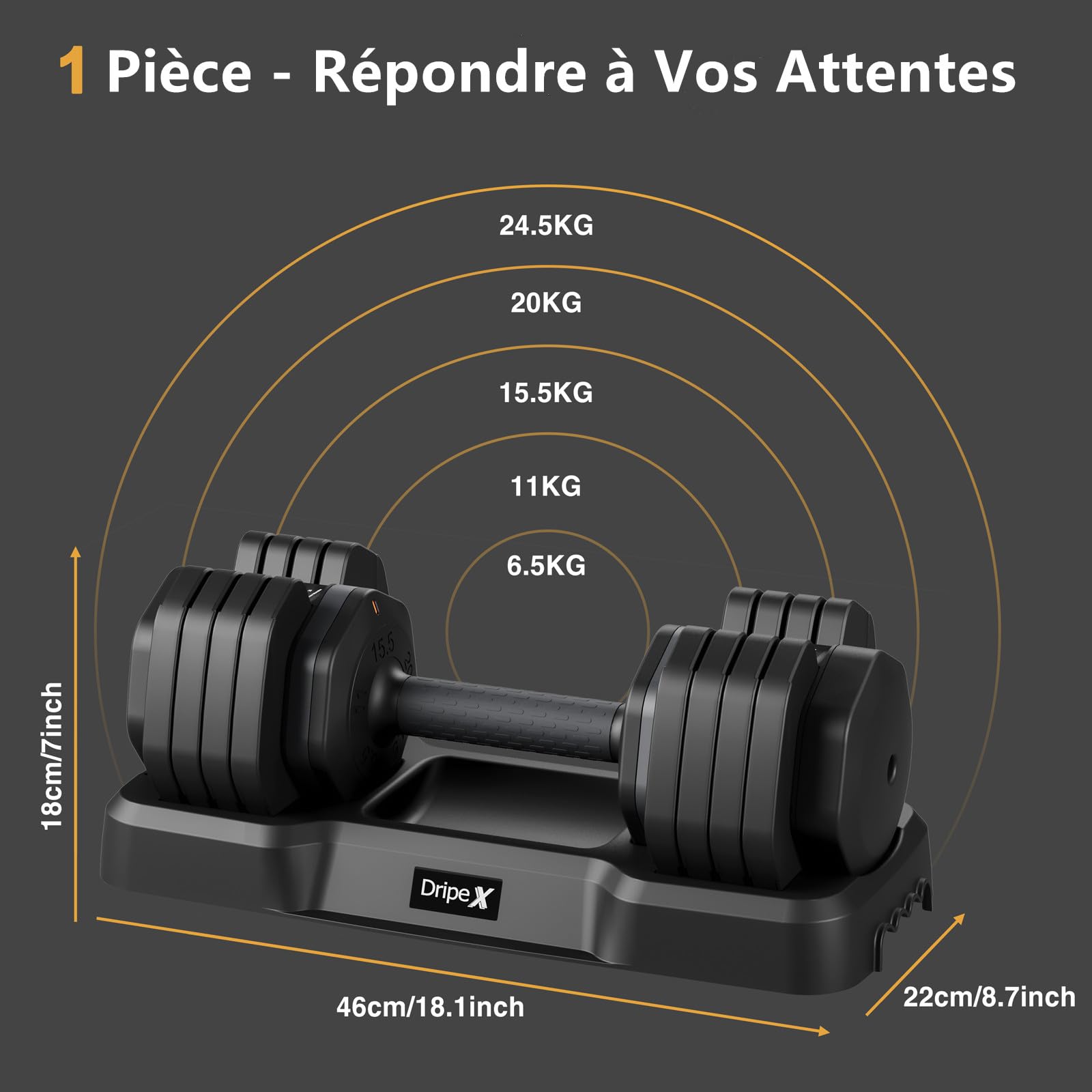 Dripex Haltères Réglables 2 à 41 kg, 5/10 en 1 Ensemble d'Haltères avec Base de Rangement, pour la Musculation, l'haltérophilie, l'entraînement à Domicile et à Salle de Sport