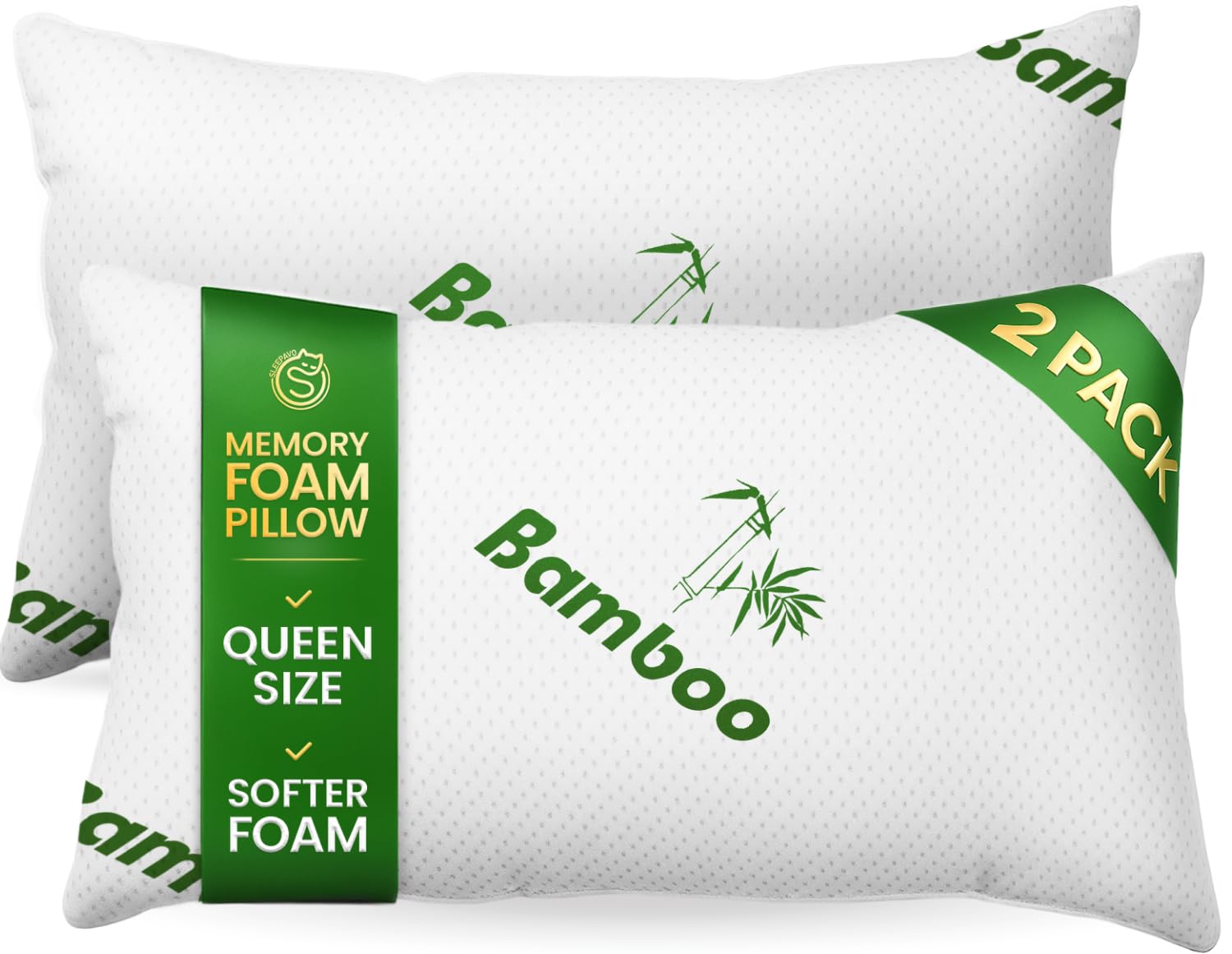 Sleepavo Memory Foam Pillows Queen Size Set of 2 – Cooling Bed Pillows for Sleeping – Soft & Comfortable Shredded Memory Foam Pillows for Side, Back & Stomach Sleepers – Rayon Derived from Bamboo