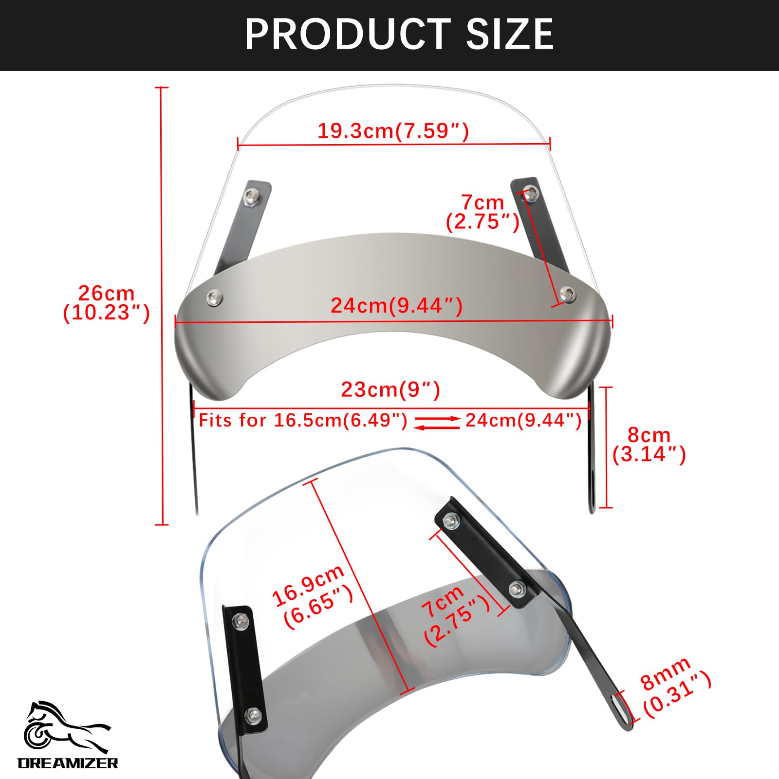 DREAMIZER Parabrezza moto universale, parabrezza moto retrò compatibile con 5"-7" Fari Rotondi, Parabrezza e Deflettori per Bobber Cafe Racer Chopper Cruiser (Trasparente)