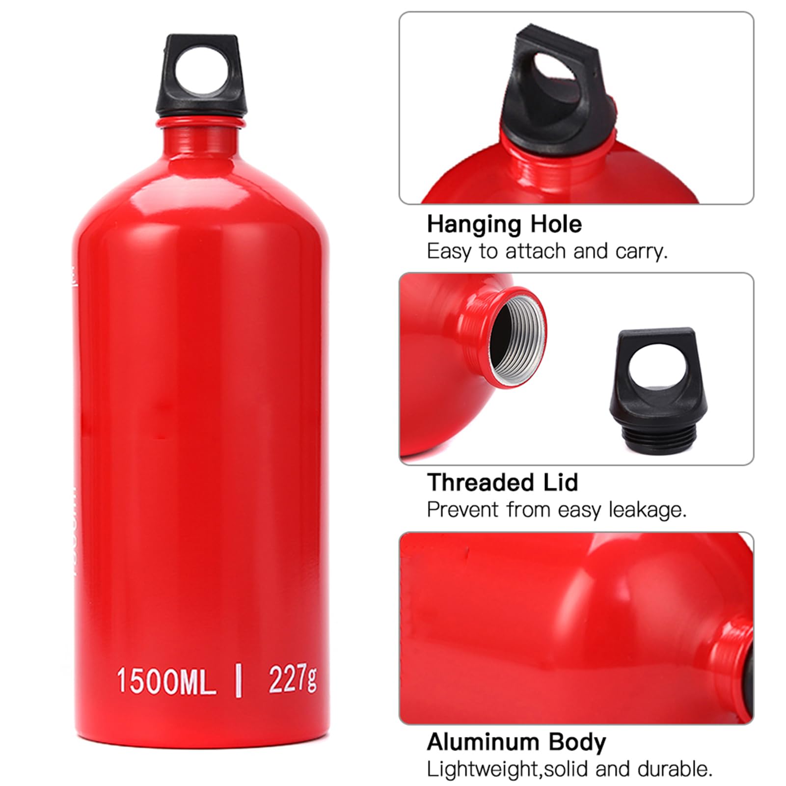 Ejoyous Botella de de Aluminio de 1,5 L, Botella de Gasolina, Bidón de Gasolina, Recipiente de con Tapa de Plástico y Asa de Transporte para Camping, Senderismo, Cocina Al Aire