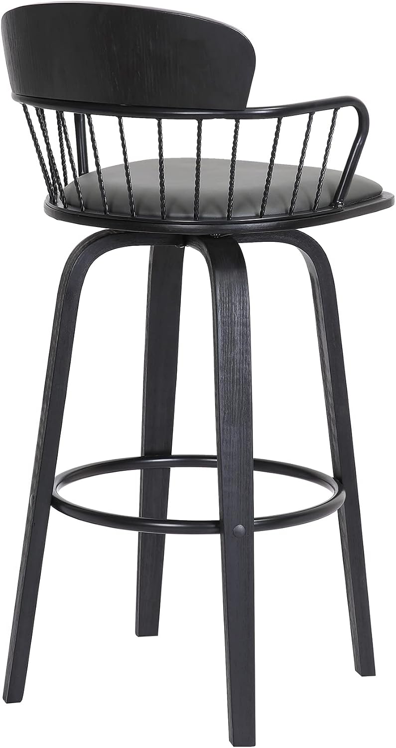 Armen Living Willow 30" Seat Height Mid Century Modern Swivel Black Wood Bar Stool for Kitchen Island Counter in Gray Faux Leather with Black Metal