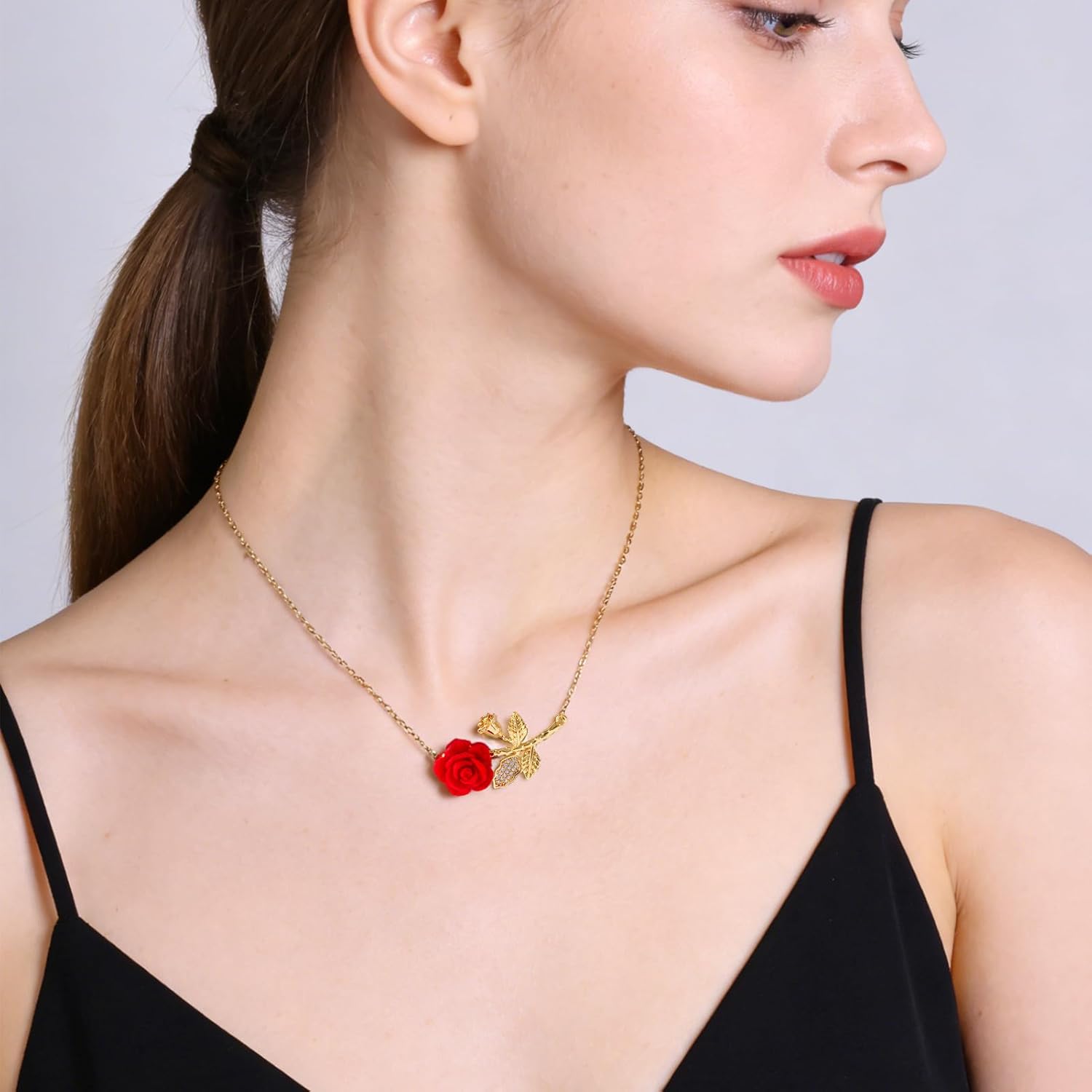 Rose Necklace for Women, Red Rose Flower Pendant with Crystal Leaf on Gold Chain, Valentine's Day Gift for Her, 18 Inch Gold Plated Necklaces Jewelry - Image 6