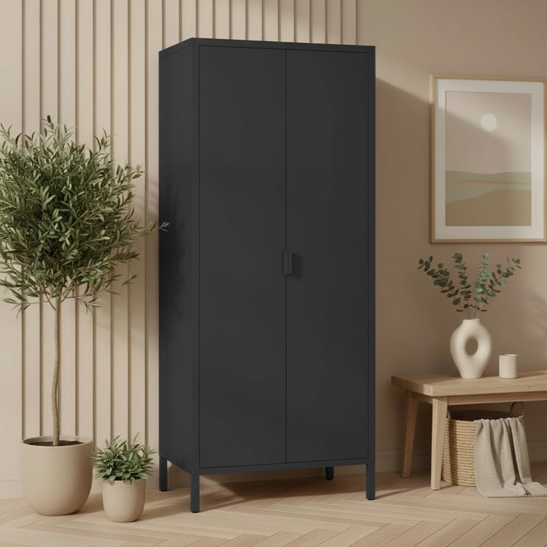 skølm Ituri Metallschrank Schwarz – Kleiderschrank mit 6 Fächern & 2 Kleiderstangen – Garderobenschrank Flur 80 cm breit – Schlafzimmerschrank Industrial Style – Stahlschrank für Wohnzimmer & Büro