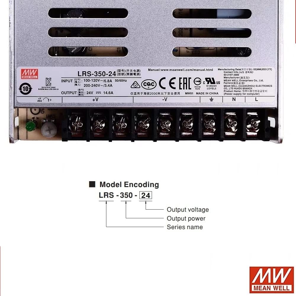 Mean Well 24V Power Supply LRS-350-24, DC 350W 14.6A Enclosed DC Switching Power Supply, 3D Printer Replacement Power Bench, with a Terminal Cover, Mounting Brackets and Screws