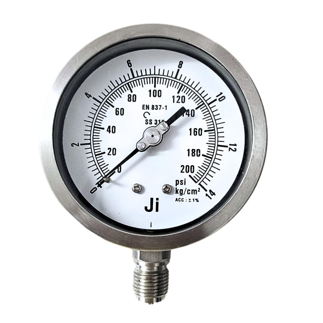 "Ji" Japsin Instrumentation Industrial Pressure Gauge, 4" (100 mm) Dial, Range 0 to 14 Kg/Cm2 with Dual Scale of 200 PSI, Direct Mounting Bottom Entry, Connection 1/2" BSP (M), Accuracy +/-1% FSD-image-4