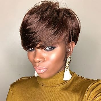 Short Straight Brown 100% Virgin Brazlian Bob Pixie Cut Wavy Non Lace Human Hair Wig with Bangs for Black Women(4#)