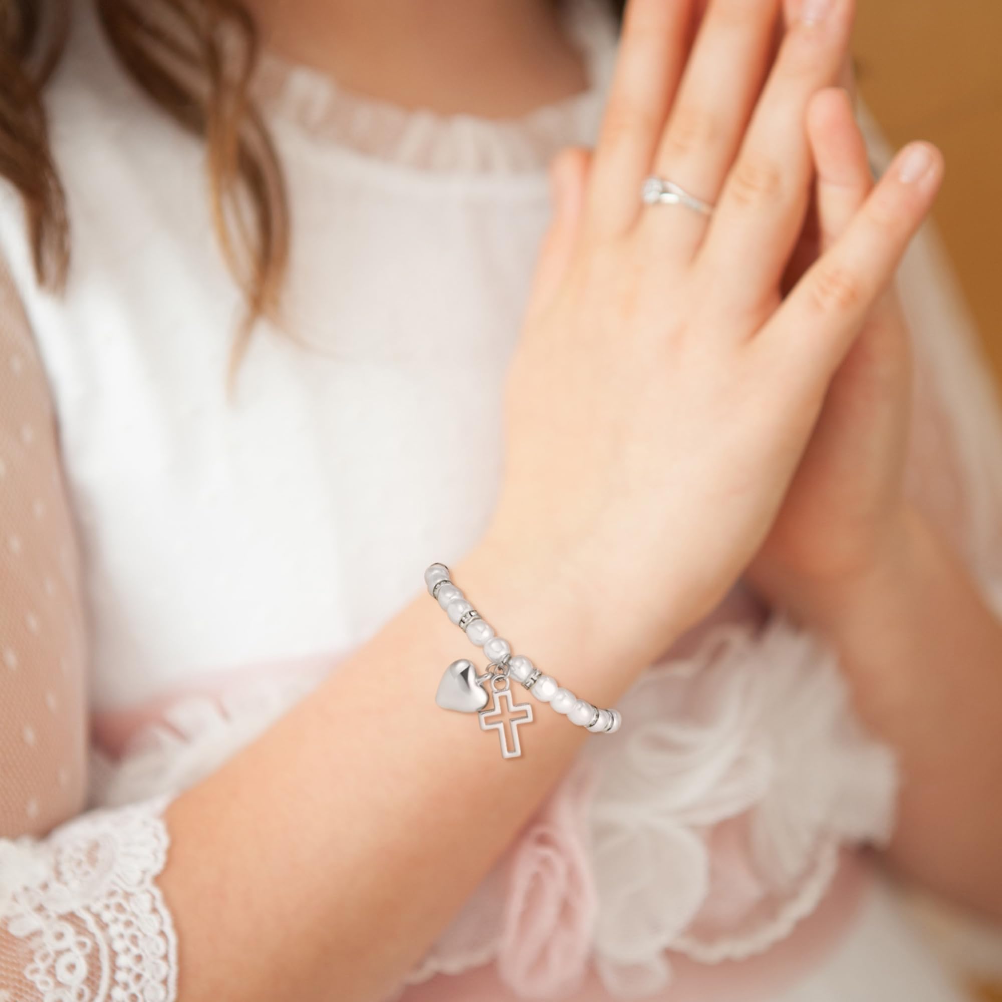 Bransoletka dla dziewcząt z zawieszką w kształcie krzyża, bransoletka z pereł, na komunię, dla dziewcząt, biżuteria religijna, prezent na komunię, dla dziewcząt, wiara chrześcijańska