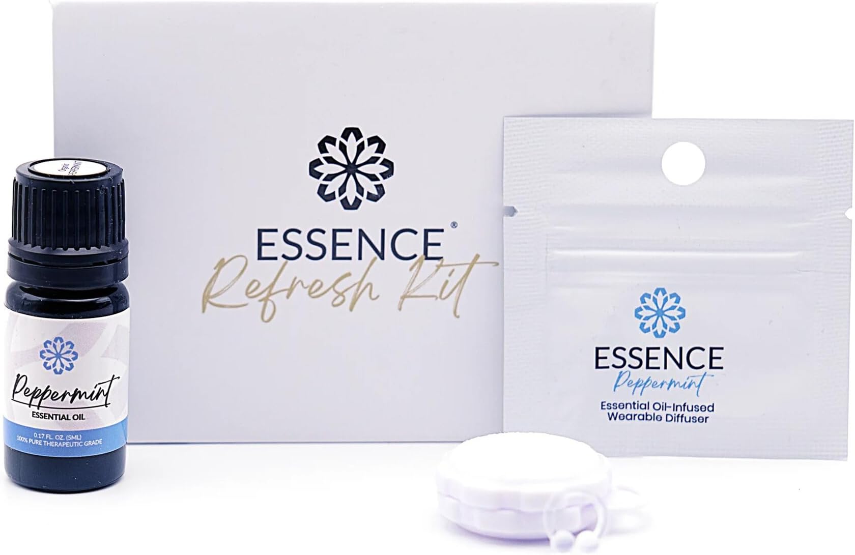 Essence Refresh Kit | Solid Scents Essential Oils | Aromatherapy Nasal Diffuser | Personal Scent Clip for Travel, Work & Everyday Use | Made in USA | Peppermint | White Pod