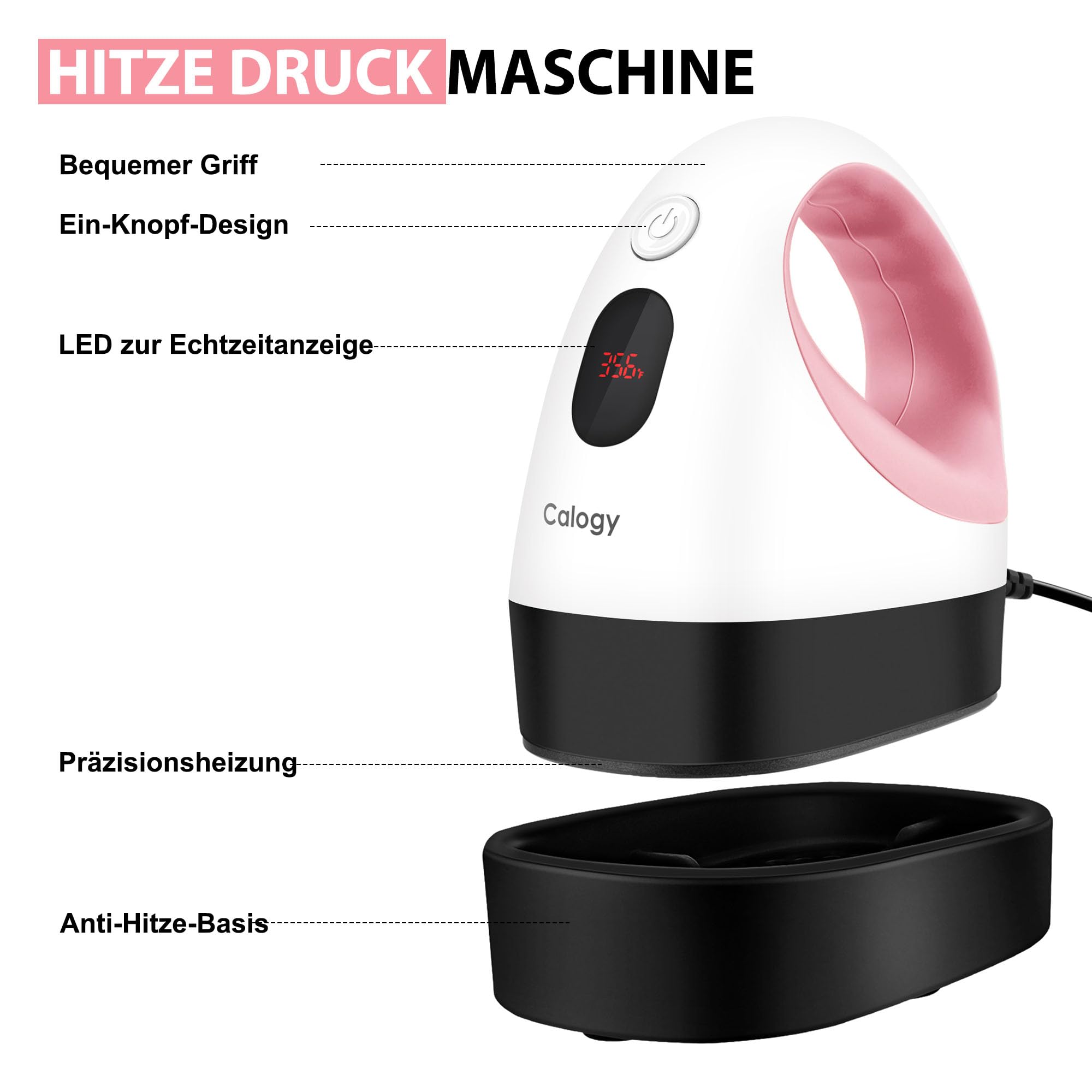 Calogy Transferpresse Mini Hitzepresse, Kleine Heißpresse mit 3 Heizstufen, Tragbare Mini Heat Press Temperaturanzeige für T-Shirts, Schuhe, Hüte, HTV-Vinyl (Weiß Rosa)