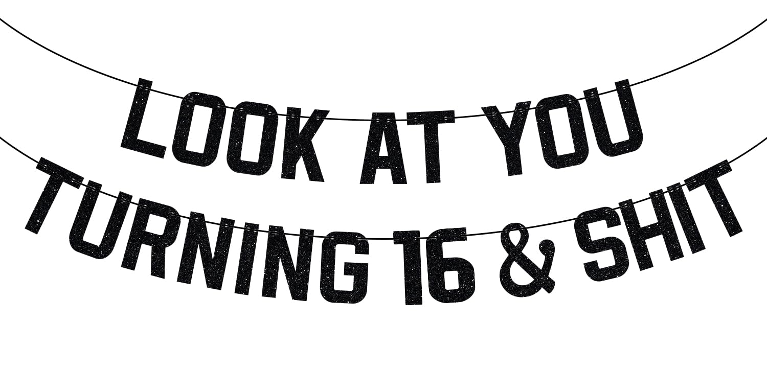 Zatain 'Look At You Turning 16' Glitter Banner - Sweet 16 Birthday Party Decorations With DIY Setup (6.2ft Black Glitter)