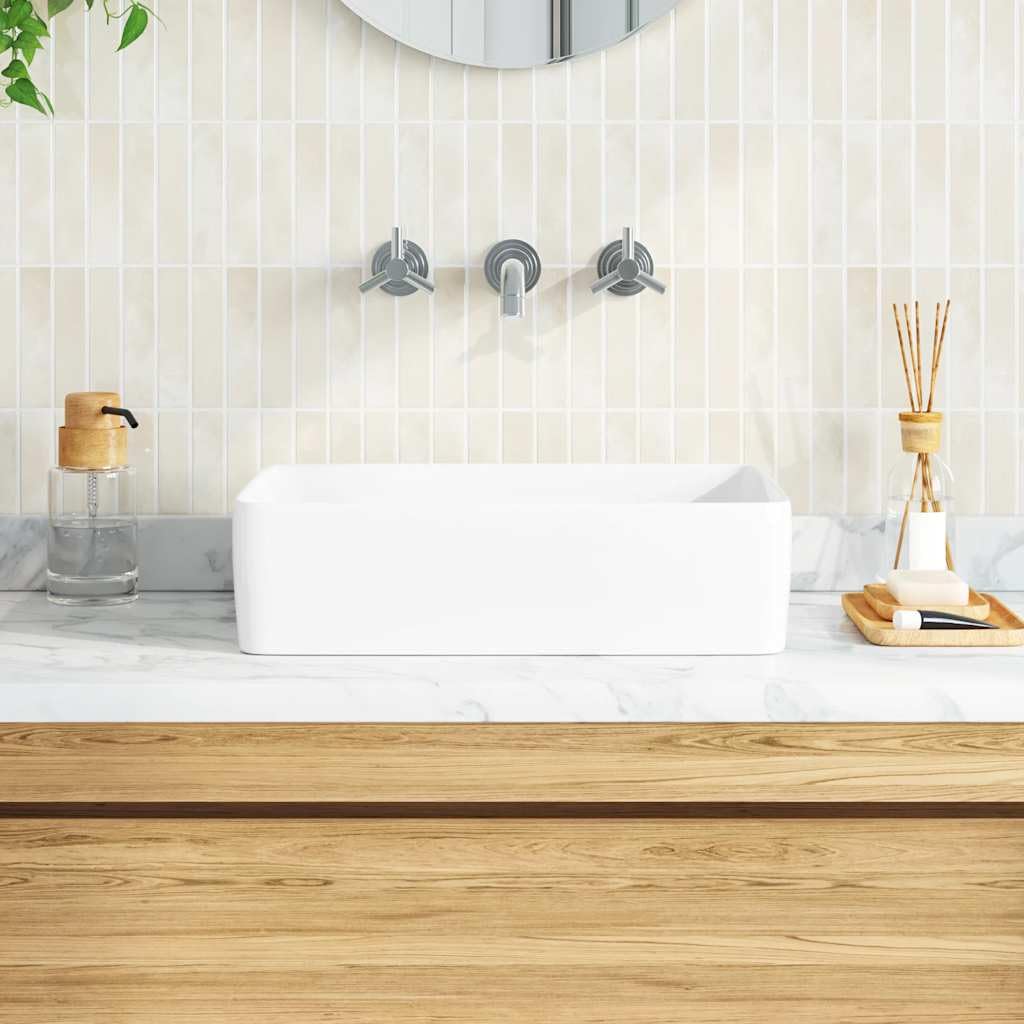 Lavabo in ceramica bianca, 48 x 37 x 13 cm, rettangolare, per bagno degli ospiti, WC per ristrutturazione e ristrutturazione