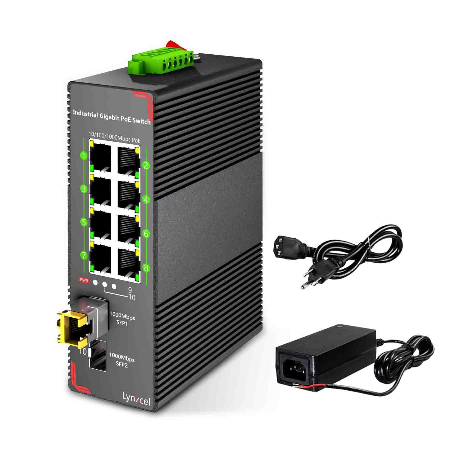 Switch Ethernet industriale Gigabit PoE a 8 porte, 96 W PoE Budget 48-57 V, 2 slot SFP Gigabit con un modulo 1000Base-T, switch PoE su guida DIN non gestito, con alimentatore