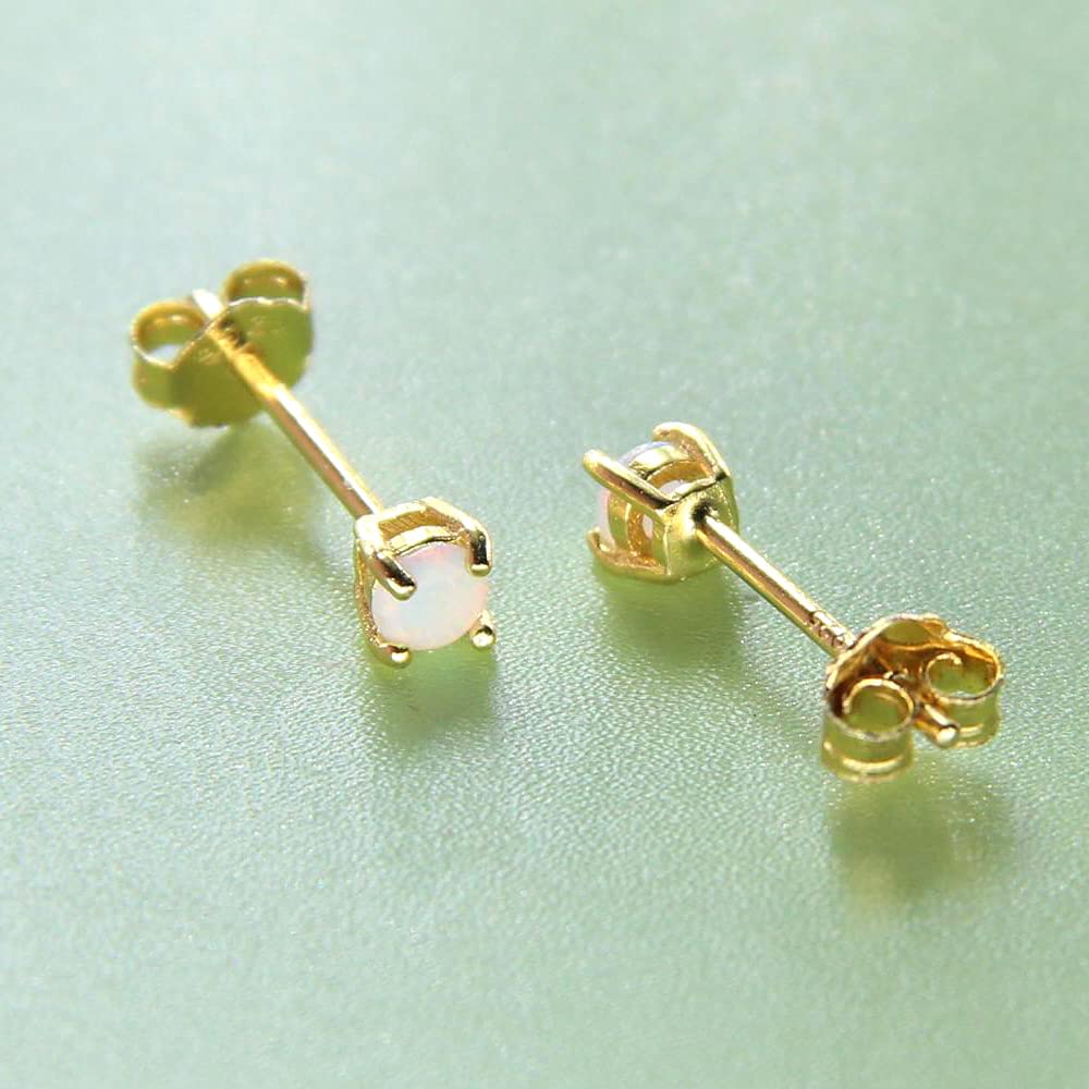14K Gelbgold gefüllter Sterlingsilber 3/4/5/6MM Feueropal-Edelstein-Ohrstecker für Damen und Herren, Farbe Weiß - Blau - Rosa - Grün - Schwarz
