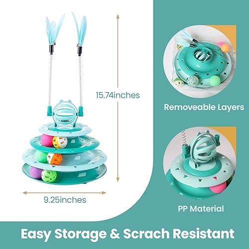 Miniatura 3 de Juguetes para gatitos, juguetes interactivos de rompecabezas para gatos de interior, torre para gatos con 2 juguetes y pista de bolas (verde)