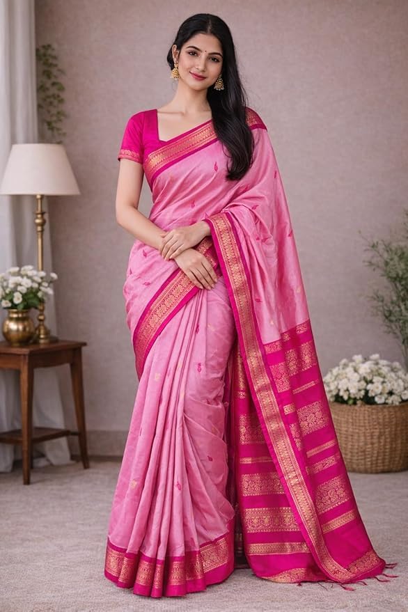 Image of Pure Kalyani Cotton Saree | Zari Border & Blouse Piece - Lata Gadwal Design | Traditional Saree